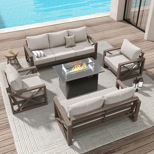 Amopatio Aluminum Patio Furniture Set with Fire Pit, 8 Pcs Metal Patio Sofa Couch Sets with Aluminum Fire Pit Table, Modern Outdoor Furniture with 6" Cushion, Dark Grey (Included Waterproof Covers)