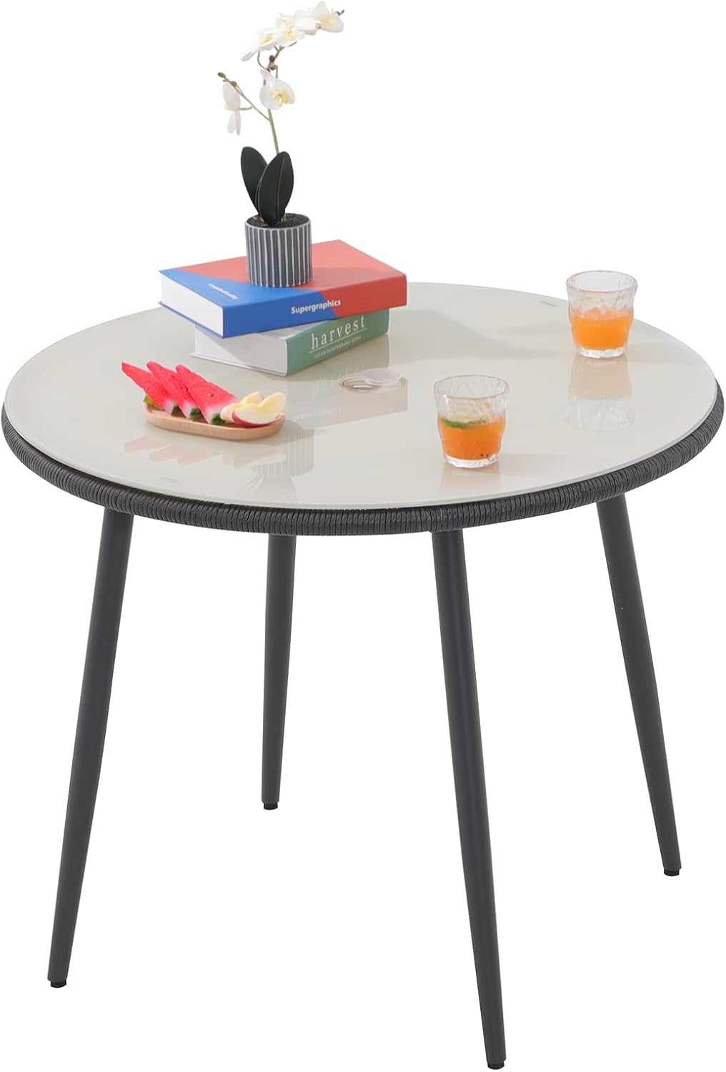 Patiorama Outdoor Dining Table, 35'' Patio Round Table, All-Weather Rope Rattan Wicker Patio Dining Table, Patio Tempered Glass Table with Umbrella Hole, Outdoor Coffee Table for Lawn Garden Pool(Tan)