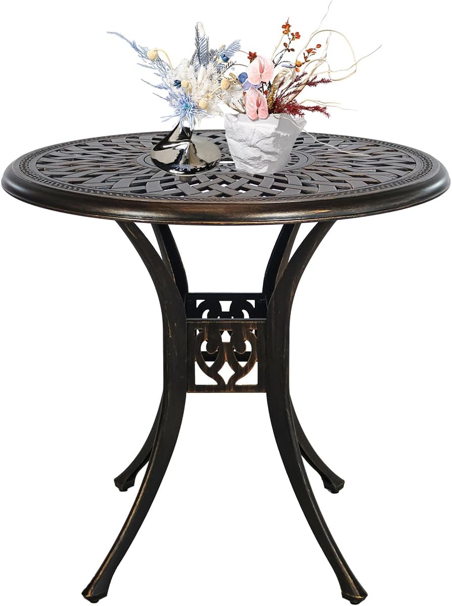 Cast Aluminum Outdoor Dining Table 42" Round Patio Dining Table with 1.7" Umbrella Hole,Large Garden Patio Table for 4-6 People, Bronze