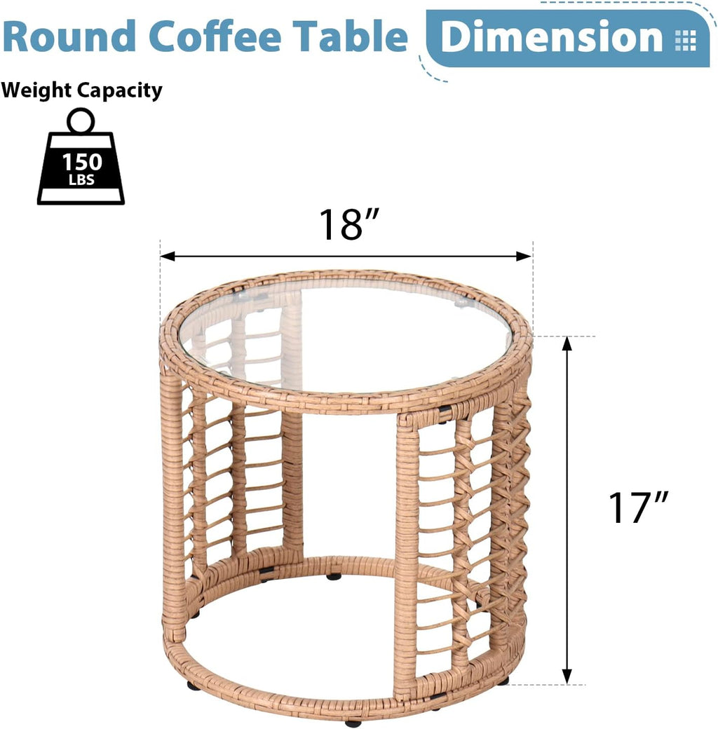 JOIVI Outdoor Wicker Side Table, All-Weather Patio Rattan End Table with Glass Top, Round Coffee Table for Indoor Outdoor Backyard Lawn Balcony Pool