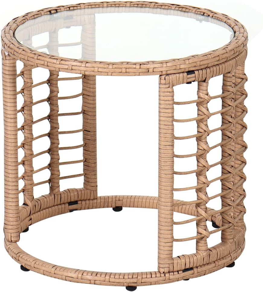JOIVI Outdoor Wicker Side Table, All-Weather Patio Rattan End Table with Glass Top, Round Coffee Table for Indoor Outdoor Backyard Lawn Balcony Pool