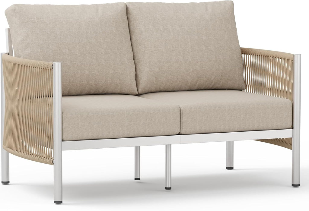 Aluminum Outdoor Patio Furniture Set, HDPE Rope 5 Piece Modern Sectional Conversation Sets with Dual-Layer Coffee Table, All Weather Patio Couch Sofa with Thick Cushions, Silver Frame, Beige