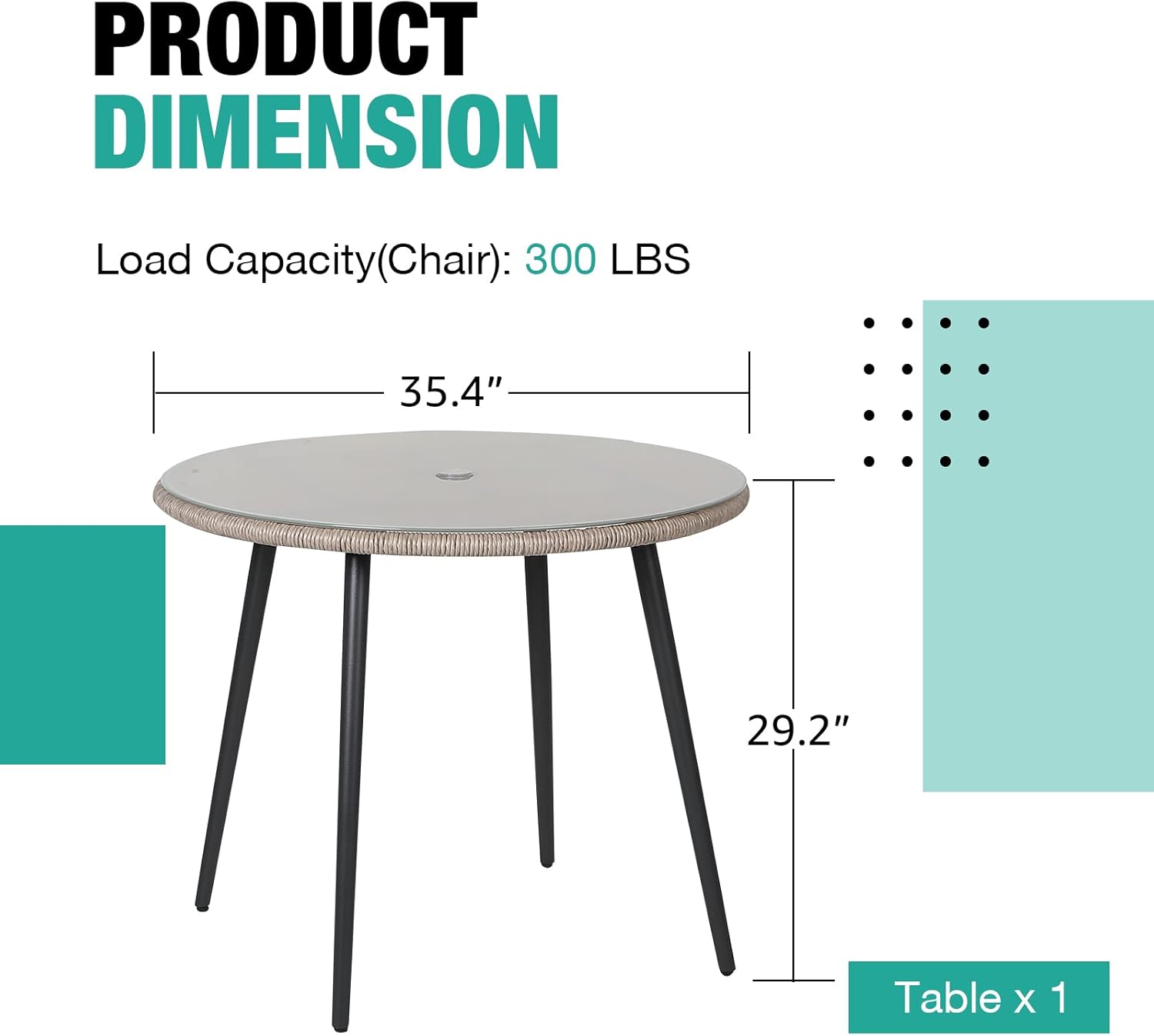 Patiorama Outdoor Dining Table, 35'' Patio Round Table, All-Weather Rope Rattan Wicker Patio Dining Table, Patio Tempered Glass Table with Umbrella Hole, Outdoor Coffee Table for Lawn Garden Pool(Tan)