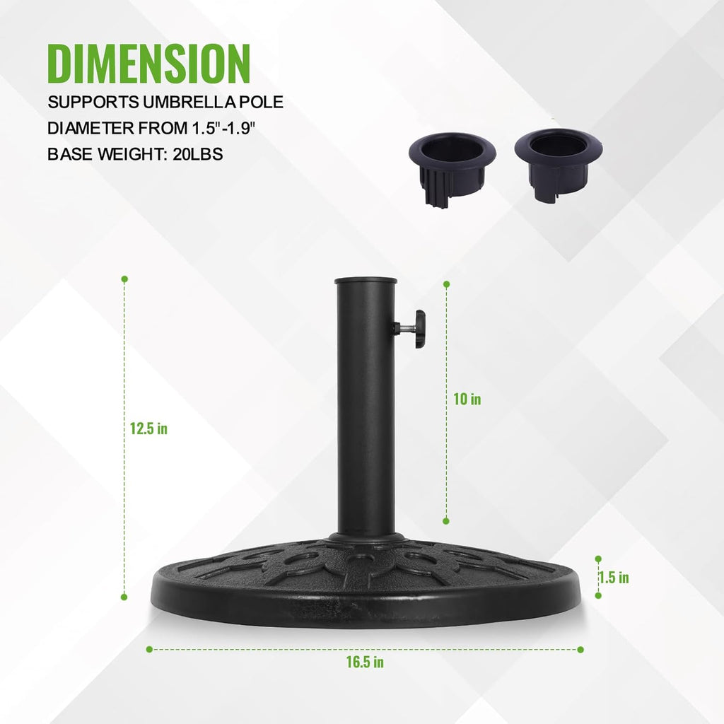 Backyard Expressions Round Patio Umbrella Base – Heavy Duty Resin-Coated Calcium Carbonate Stand with Adjustable Pole Adapters Fits 1.5"–2" Poles, Weather-Resistant