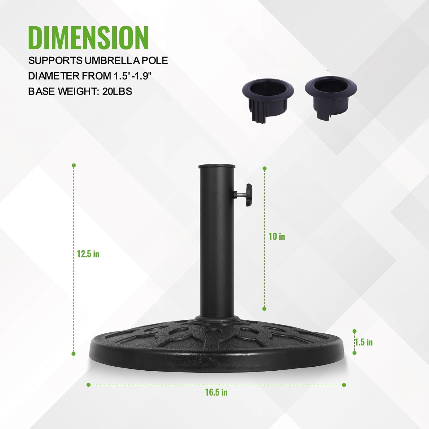 Backyard Expressions Round Patio Umbrella Base – Heavy Duty Resin-Coated Calcium Carbonate Stand with Adjustable Pole Adapters Fits 1.5"–2" Poles, Weather-Resistant