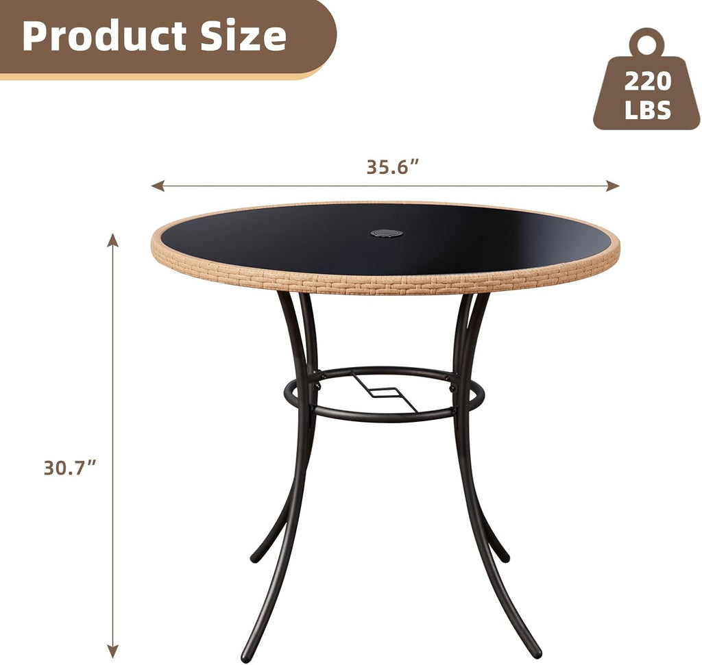 ECOTOUGE Outdoor Round Patio Desk, Wicker Dining Table with Umbrella Hole, Tempered Glass Top for 4-5 Persons, Bistro Rattan Furniture Garden Tables for Balcony, Backyard, Black