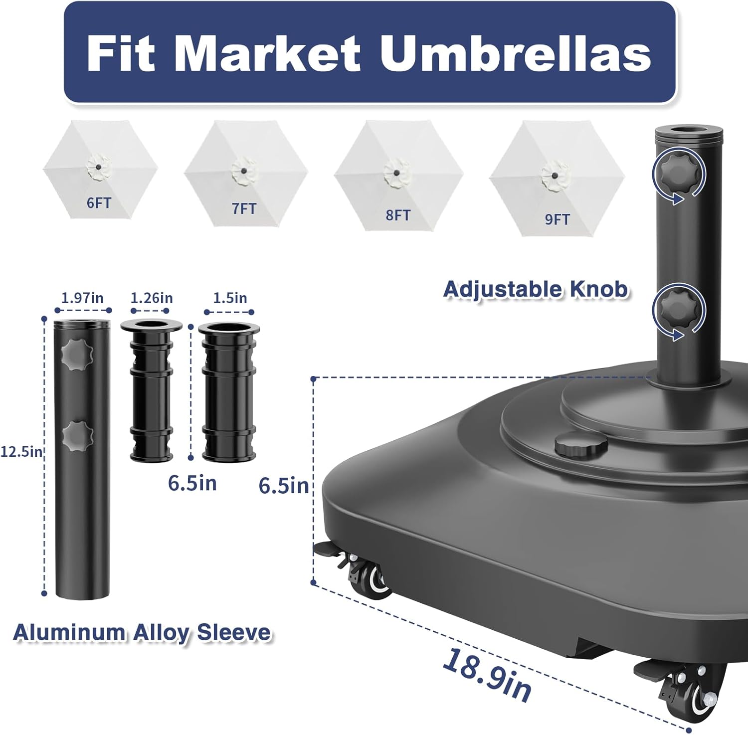 Patio Umbrella Base Heavy Duty with Wheels, Max 100lb Fillable Umbrella Stand Mobile Square Market Stand, Windproof Outdoor Umbrella Holder for Deck, Poolside, Lawn, Fits Muti Sized Umbrellas
