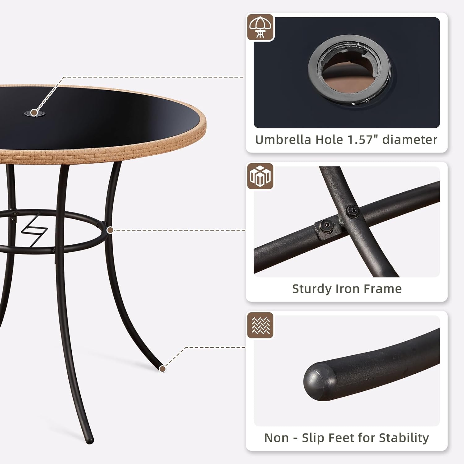 ECOTOUGE Outdoor Round Patio Desk, Wicker Dining Table with Umbrella Hole, Tempered Glass Top for 4-5 Persons, Bistro Rattan Furniture Garden Tables for Balcony, Backyard, Black