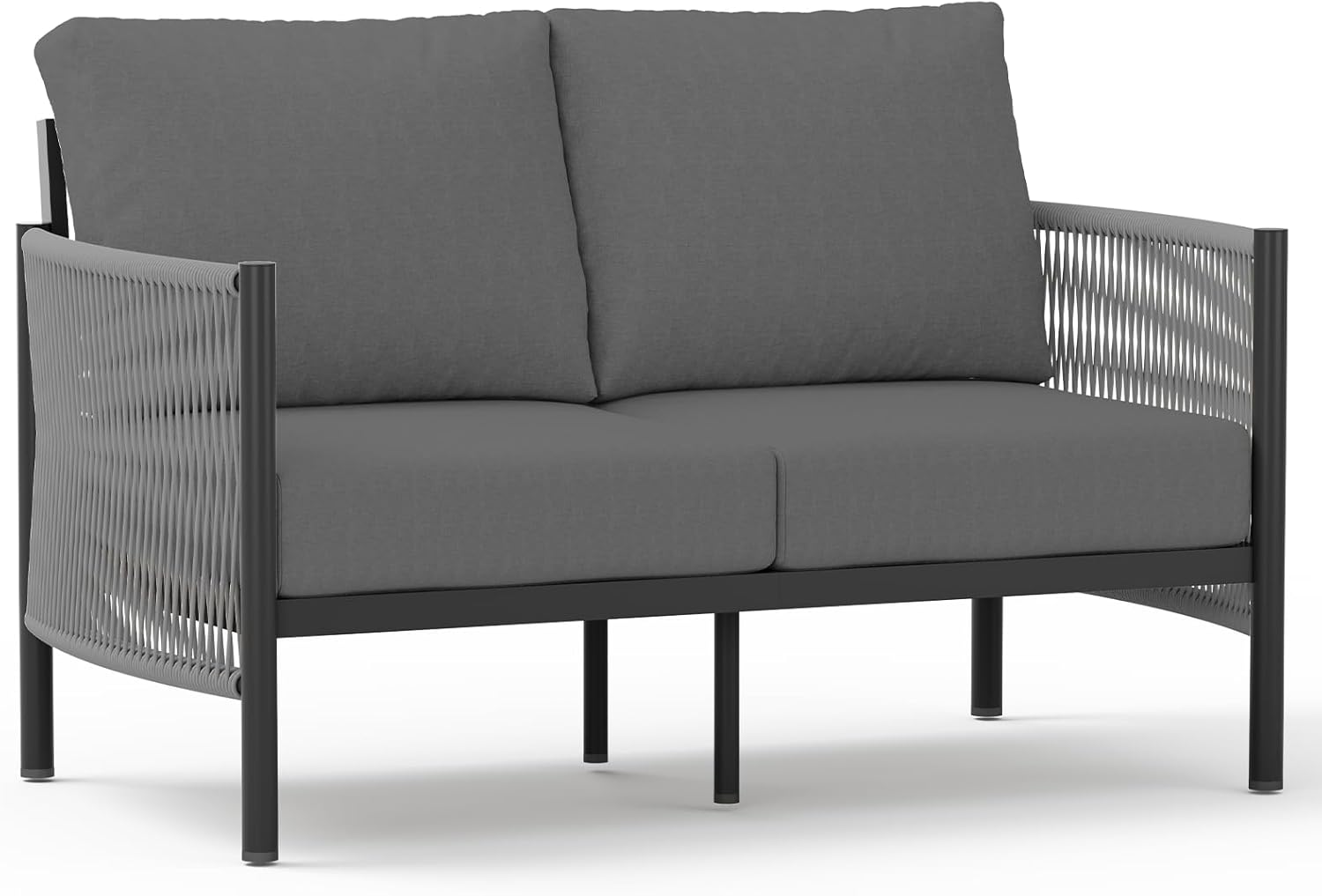 Aluminum Outdoor Patio Furniture Set, HDPE Rope 5 Piece Modern Sectional Conversation Sets with Dual-Layer Coffee Table, All Weather Patio Couch Sofa with Thick Cushions, Silver Frame, Beige