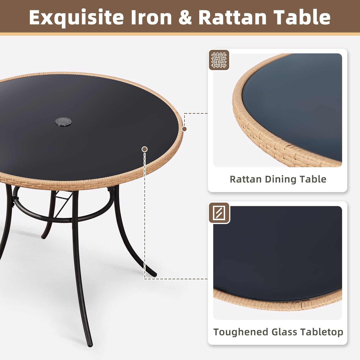 ECOTOUGE Outdoor Round Patio Desk, Wicker Dining Table with Umbrella Hole, Tempered Glass Top for 4-5 Persons, Bistro Rattan Furniture Garden Tables for Balcony, Backyard, Black