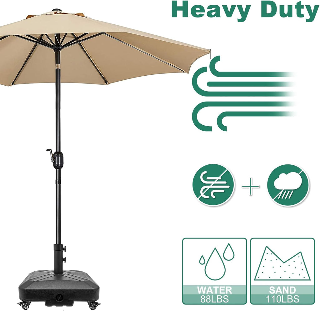 DZ4733 MS Patio Umbrella Base Heavy Duty with Wheels Square Market Stand for Outdoor 4 Locks 1 Knobs 125lb Capacity, Black