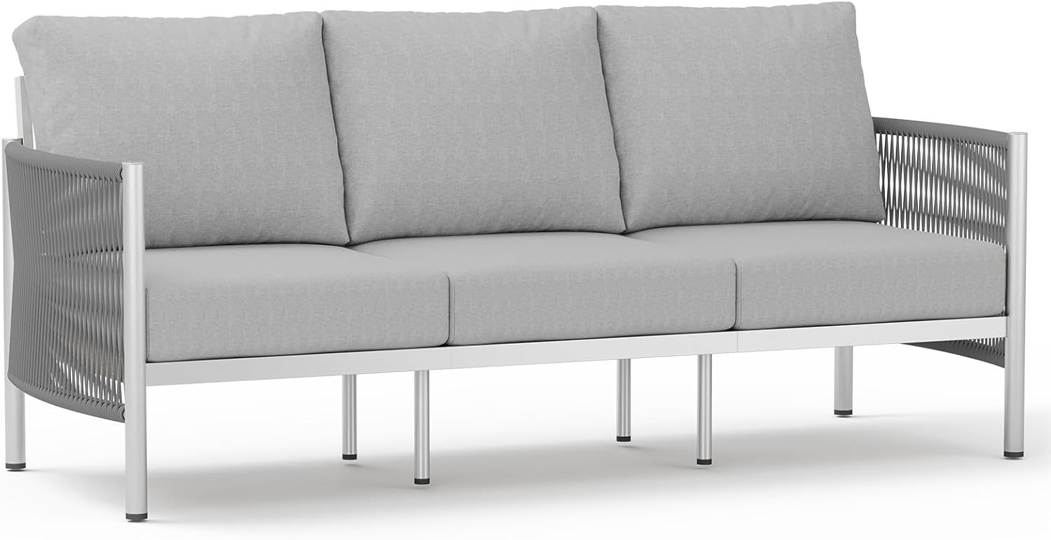 Aluminum Outdoor Patio Furniture Set, HDPE Rope 5 Piece Modern Sectional Conversation Sets with Dual-Layer Coffee Table, All Weather Patio Couch Sofa with Thick Cushions, Silver Frame, Beige