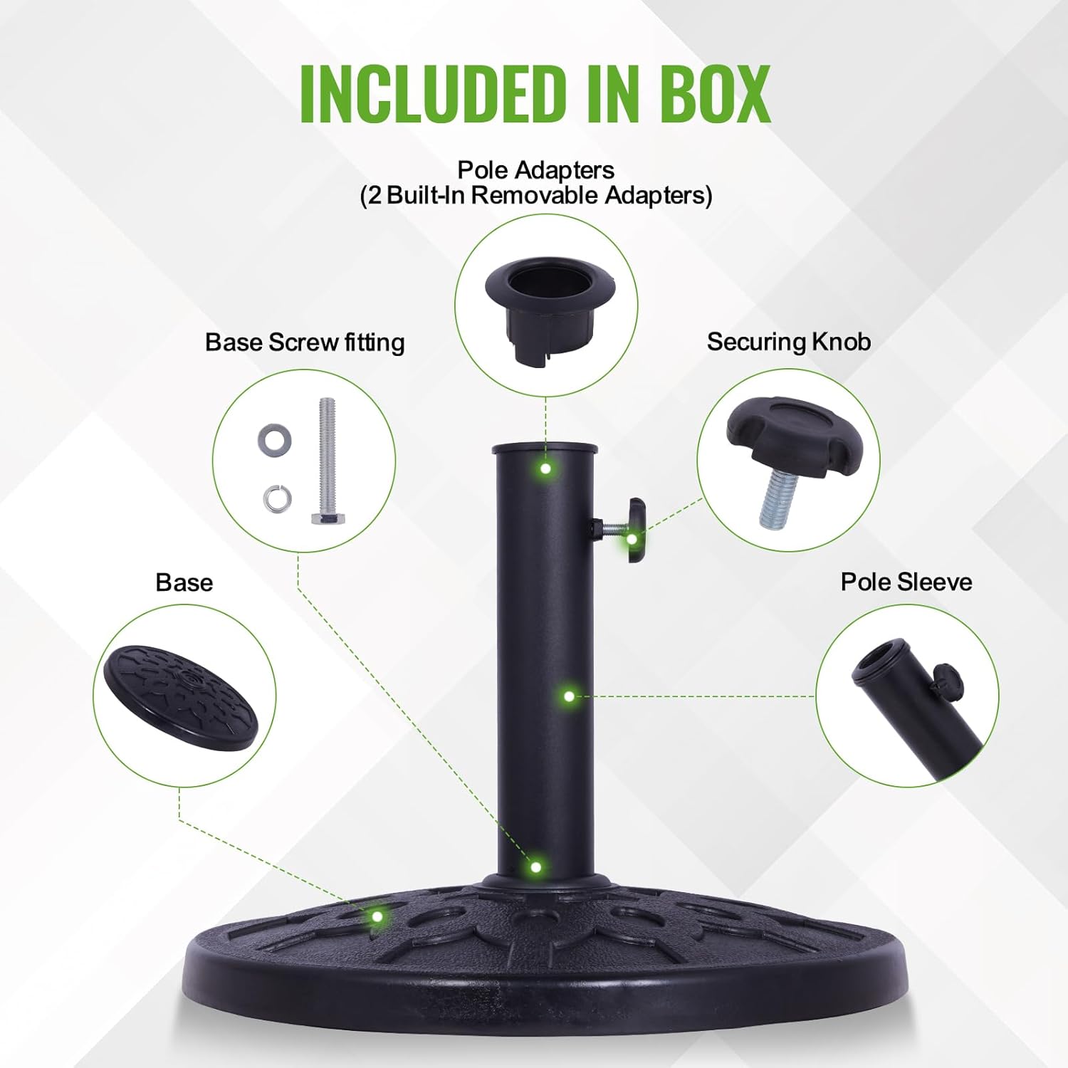 Backyard Expressions Round Patio Umbrella Base – Heavy Duty Resin-Coated Calcium Carbonate Stand with Adjustable Pole Adapters Fits 1.5"–2" Poles, Weather-Resistant