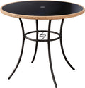 ECOTOUGE Outdoor Round Patio Desk, Wicker Dining Table with Umbrella Hole, Tempered Glass Top for 4-5 Persons, Bistro Rattan Furniture Garden Tables for Balcony, Backyard, Black