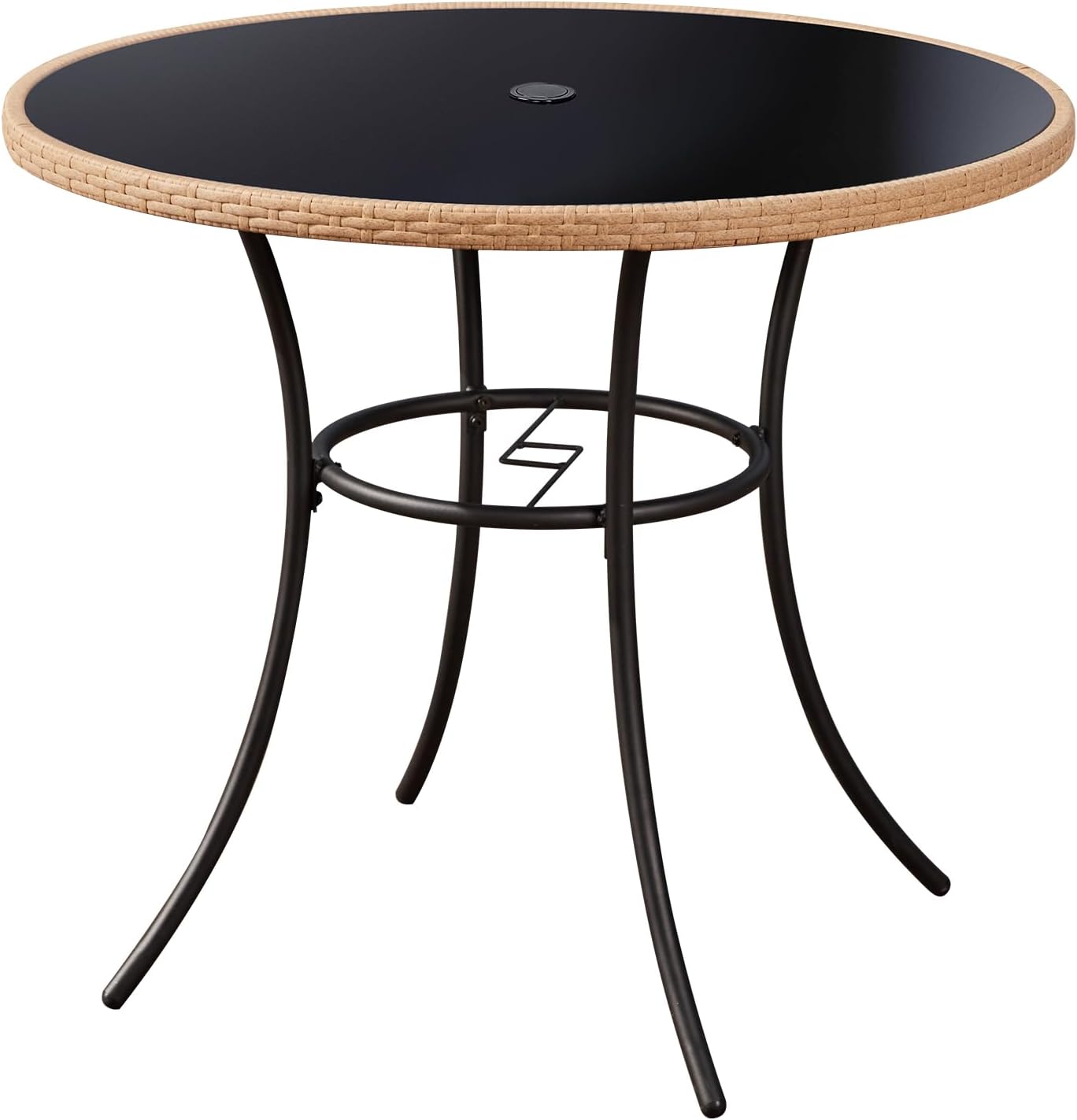 ECOTOUGE Outdoor Round Patio Desk, Wicker Dining Table with Umbrella Hole, Tempered Glass Top for 4-5 Persons, Bistro Rattan Furniture Garden Tables for Balcony, Backyard, Black
