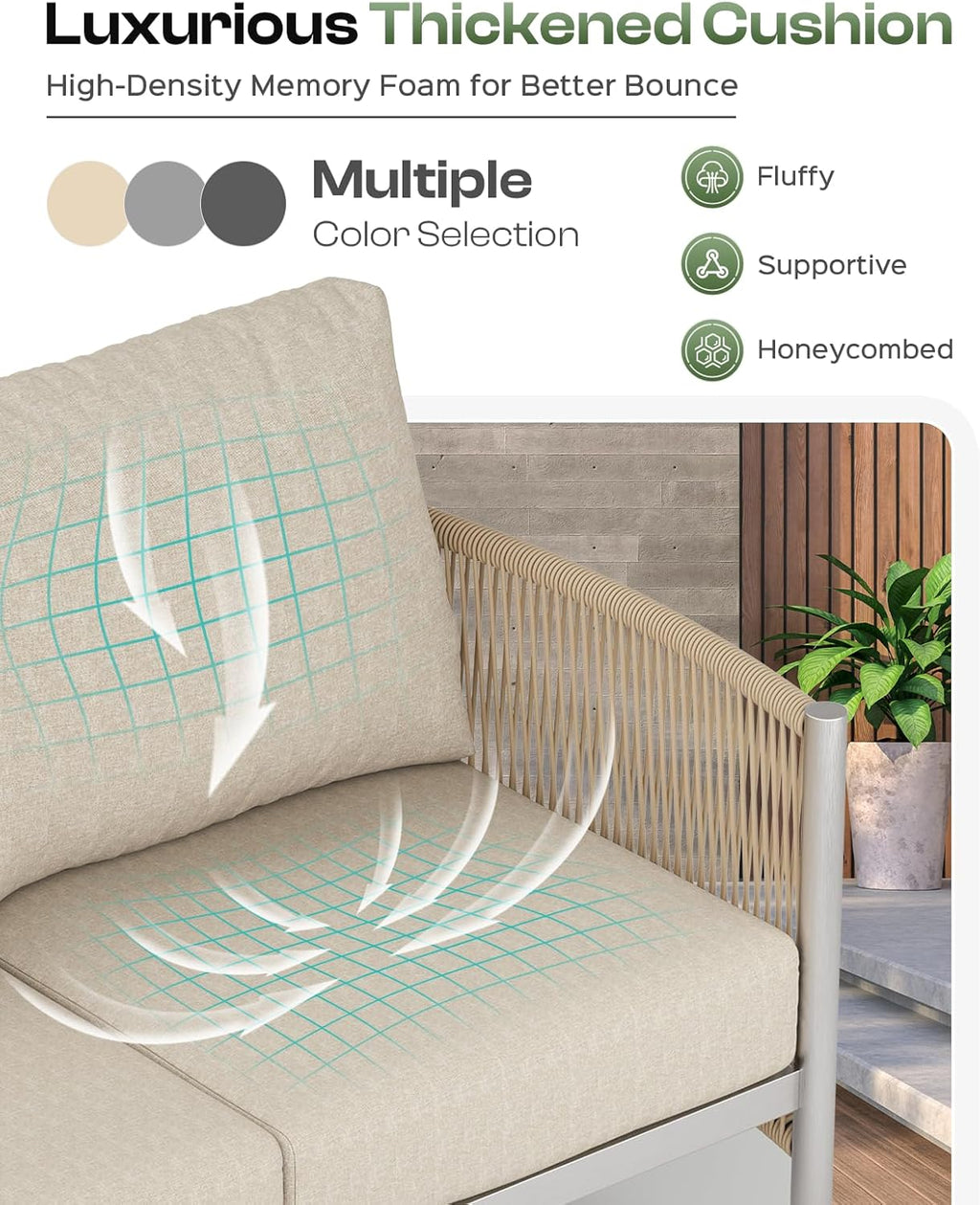 Aluminum Outdoor Patio Furniture Set, HDPE Rope 5 Piece Modern Sectional Conversation Sets with Dual-Layer Coffee Table, All Weather Patio Couch Sofa with Thick Cushions, Silver Frame, Beige