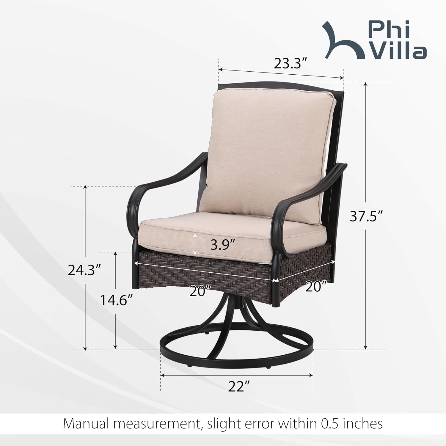 PHI VILLA Patio Swivel Chairs Set of 2, Heavy Duty Outdoor Metal Wicker Dining Chair with Thickened Cushions, Large All Weather Wrought Iron Deck Chair Lawn Furniture Support 300lbs