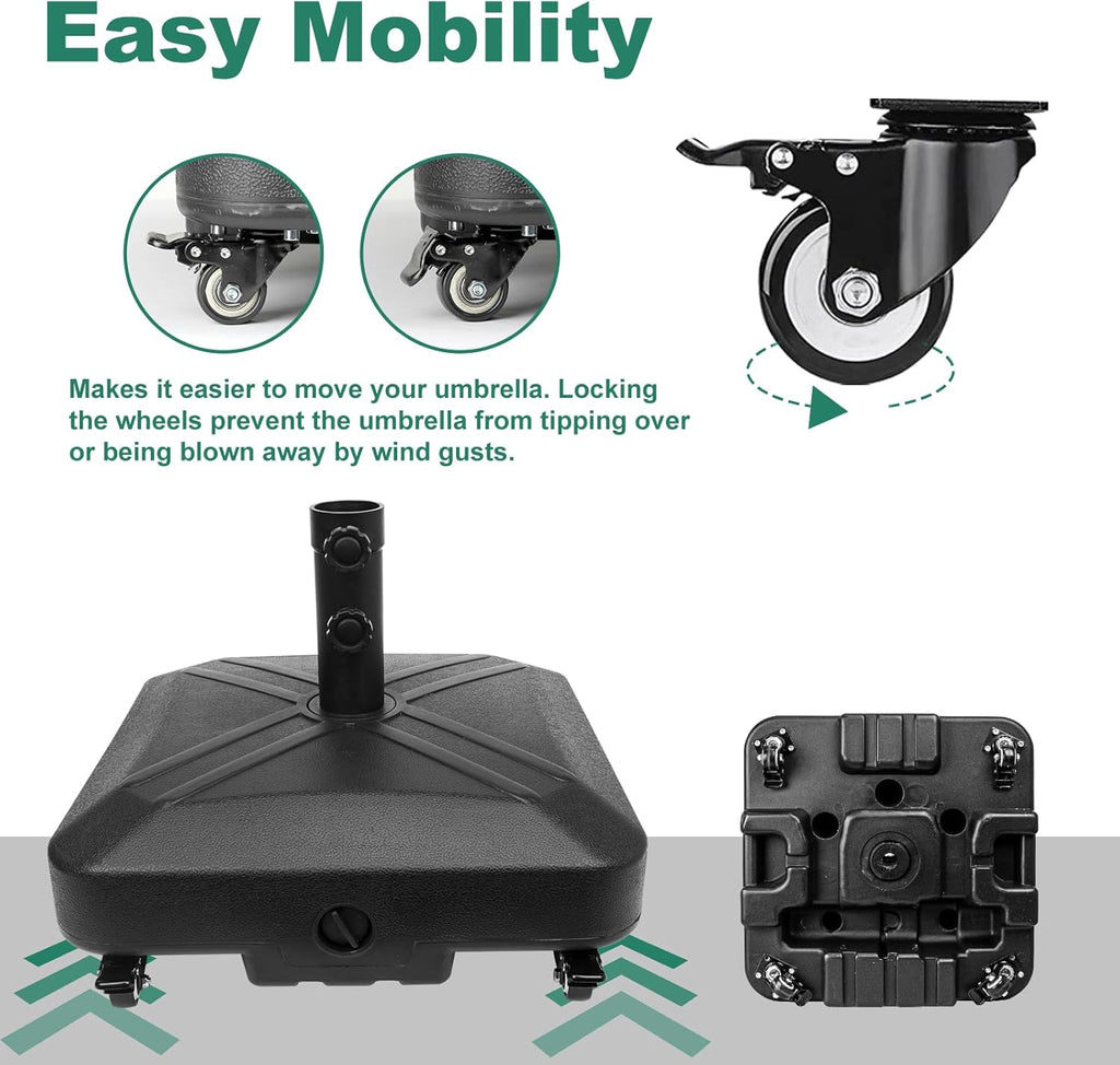 DZ4733 MS Patio Umbrella Base Heavy Duty with Wheels Square Market Stand for Outdoor 4 Locks 1 Knobs 125lb Capacity, Black