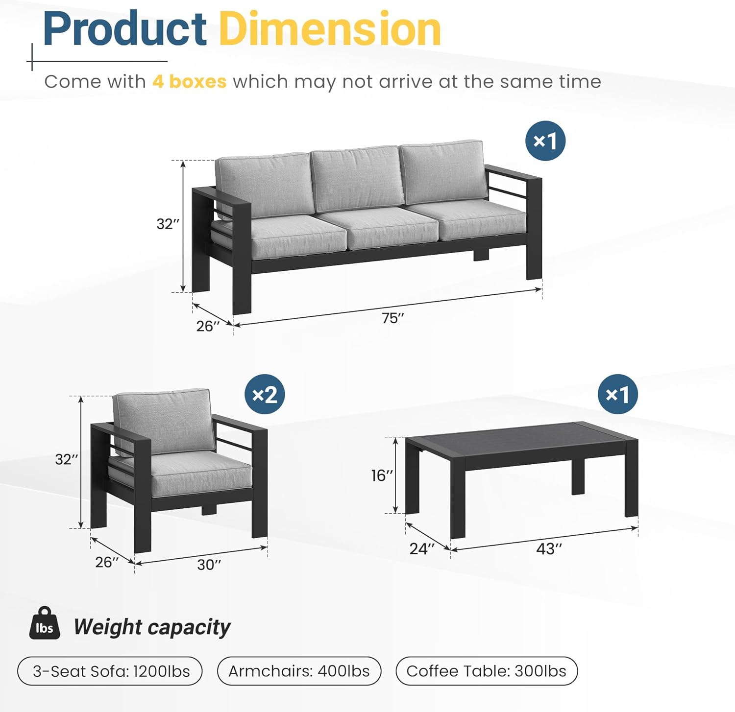 Solaste Aluminum Patio Furniture Set, 5 Seats Modern Outdoor Conversation Set Sectional Sofa with Upgrade Cushion and Coffee Table,Black Frame and Grey Cushion