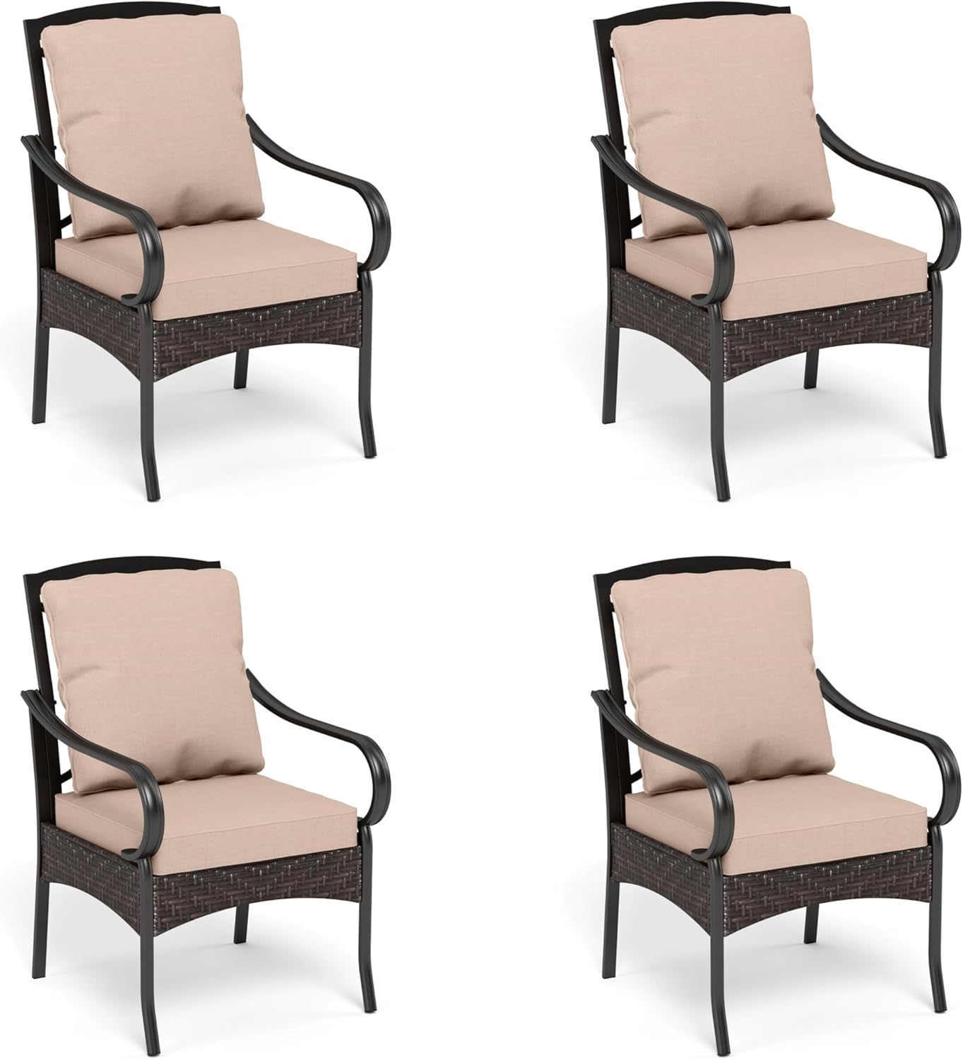 PHI VILLA Patio Swivel Chairs Set of 2, Heavy Duty Outdoor Metal Wicker Dining Chair with Thickened Cushions, Large All Weather Wrought Iron Deck Chair Lawn Furniture Support 300lbs