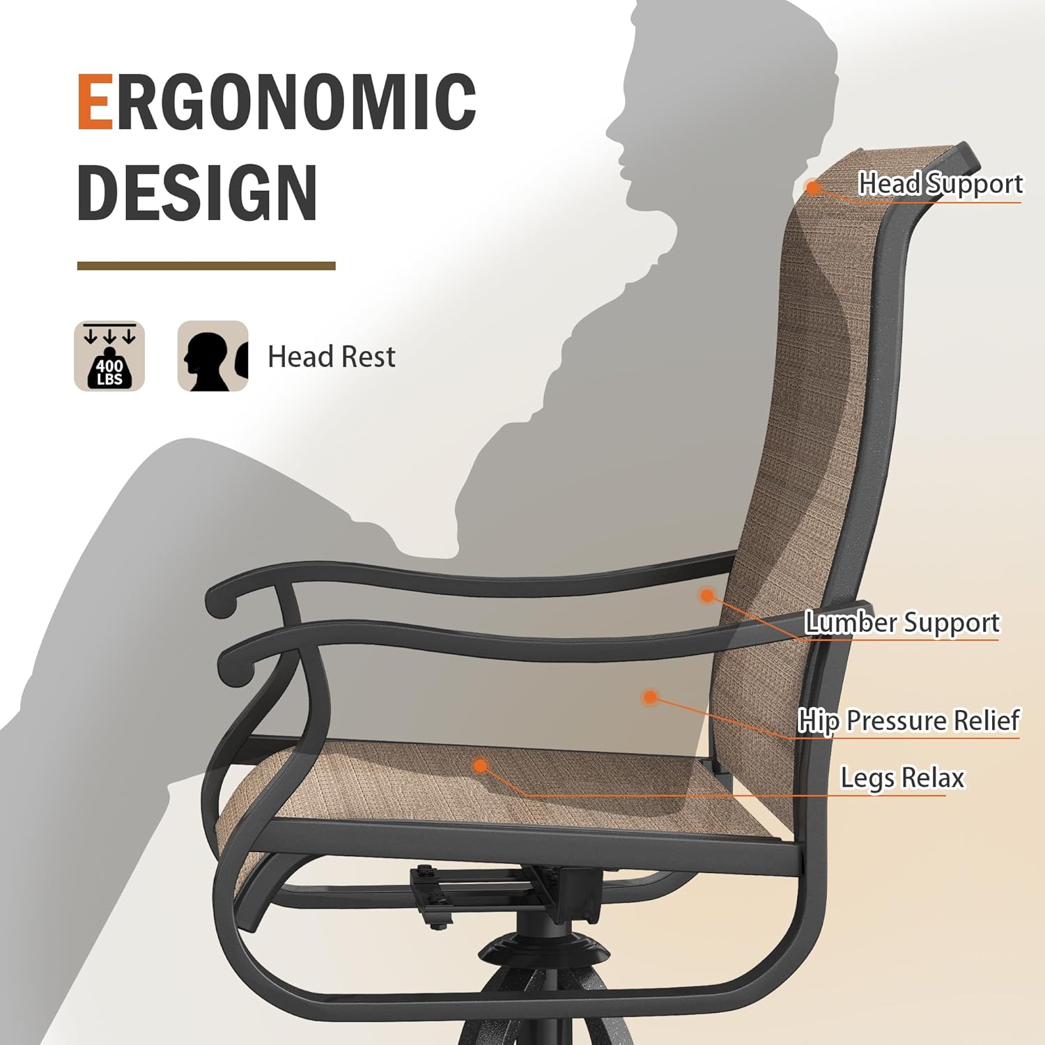 UDPATIO Patio Swivel Chairs Set of 4, Outdoor Patio Dining Chairs with All Weather Textilene Black Metal Frame for Lawn Garden Backyard, Brown