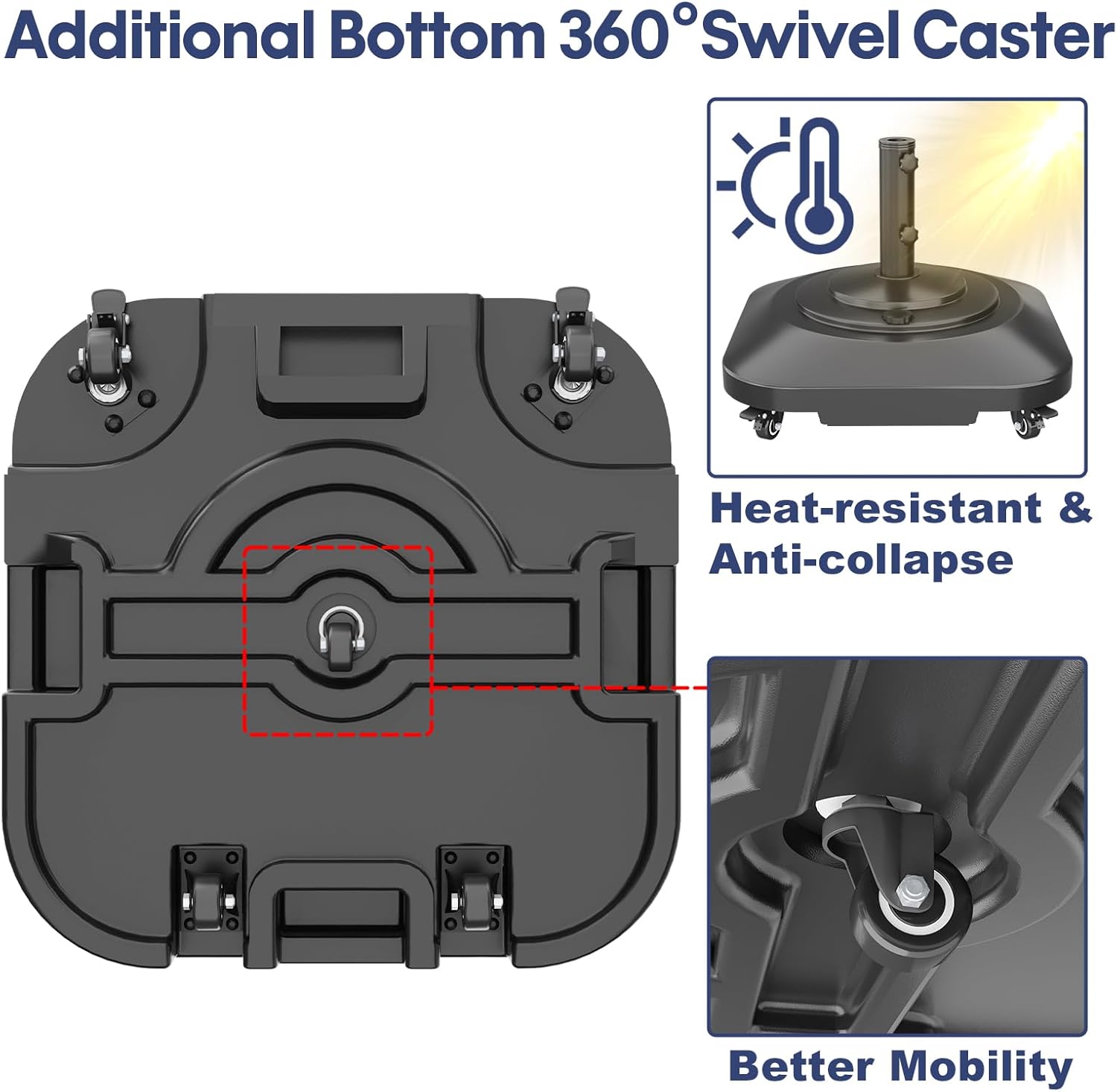 Patio Umbrella Base Heavy Duty with Wheels, Max 100lb Fillable Umbrella Stand Mobile Square Market Stand, Windproof Outdoor Umbrella Holder for Deck, Poolside, Lawn, Fits Muti Sized Umbrellas