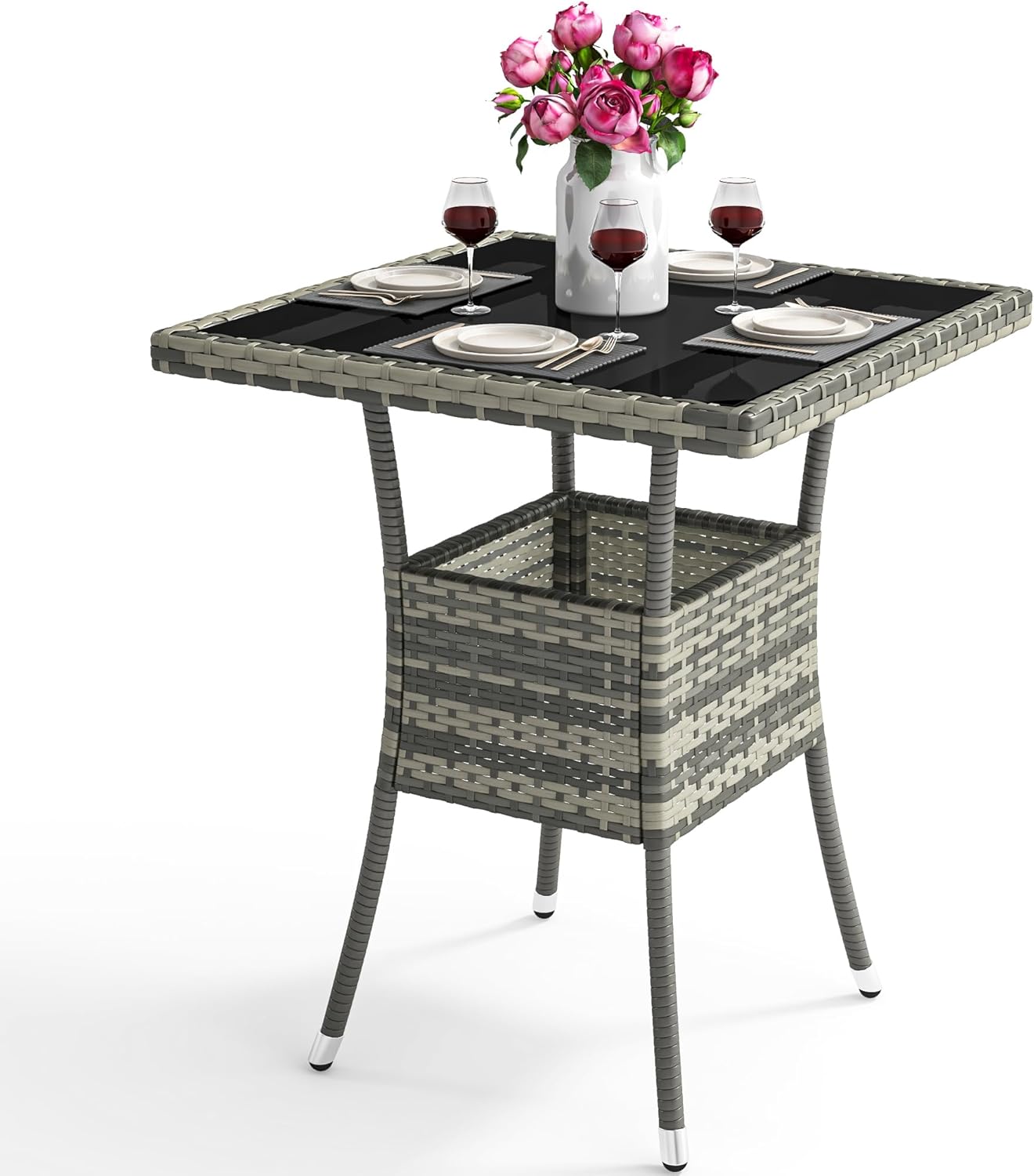 YITAHOME Outdoor Dining Table Round for 4 31.5" Patio Dining Table with Easy-to-Clean Glass Tabletop, All-Weather Rattan Bistro Table Round for Backyard Deck Porch Poolside, Gray