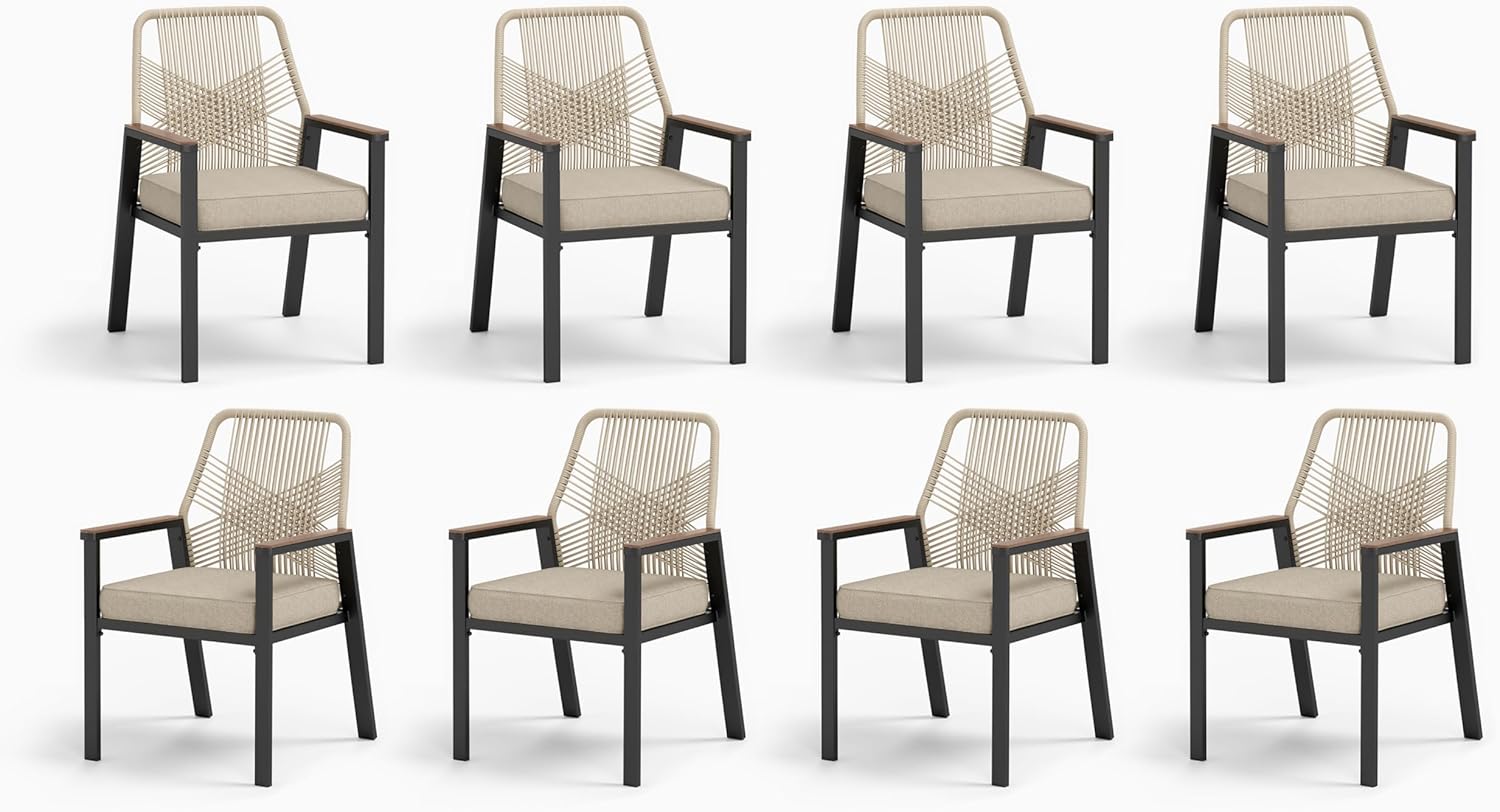 Patio Wicker Chair Sets of 2, Outdoor Dining Chairs with 3.1 inch Seat Cushions, Sturdy Metal Frame & Wood Grain Armrest, Patio Dining Chairs for Porch Backyard, Beige