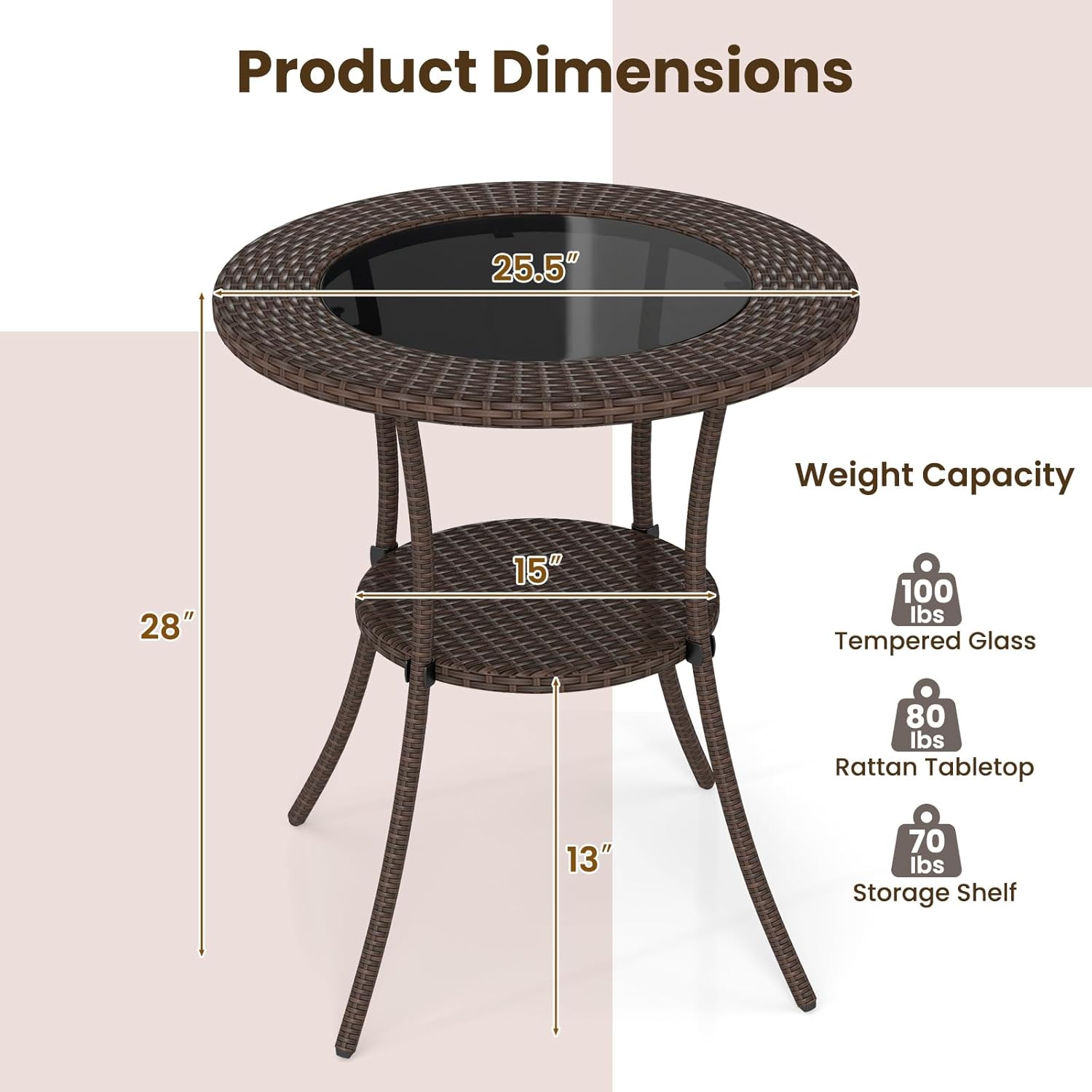Tangkula 25.5" Wicker Patio Dining Table, Outdoor Round Bistro Side Table with Tempered Glass Top and Storage Shelf, for Balcony, Garden and Backyard