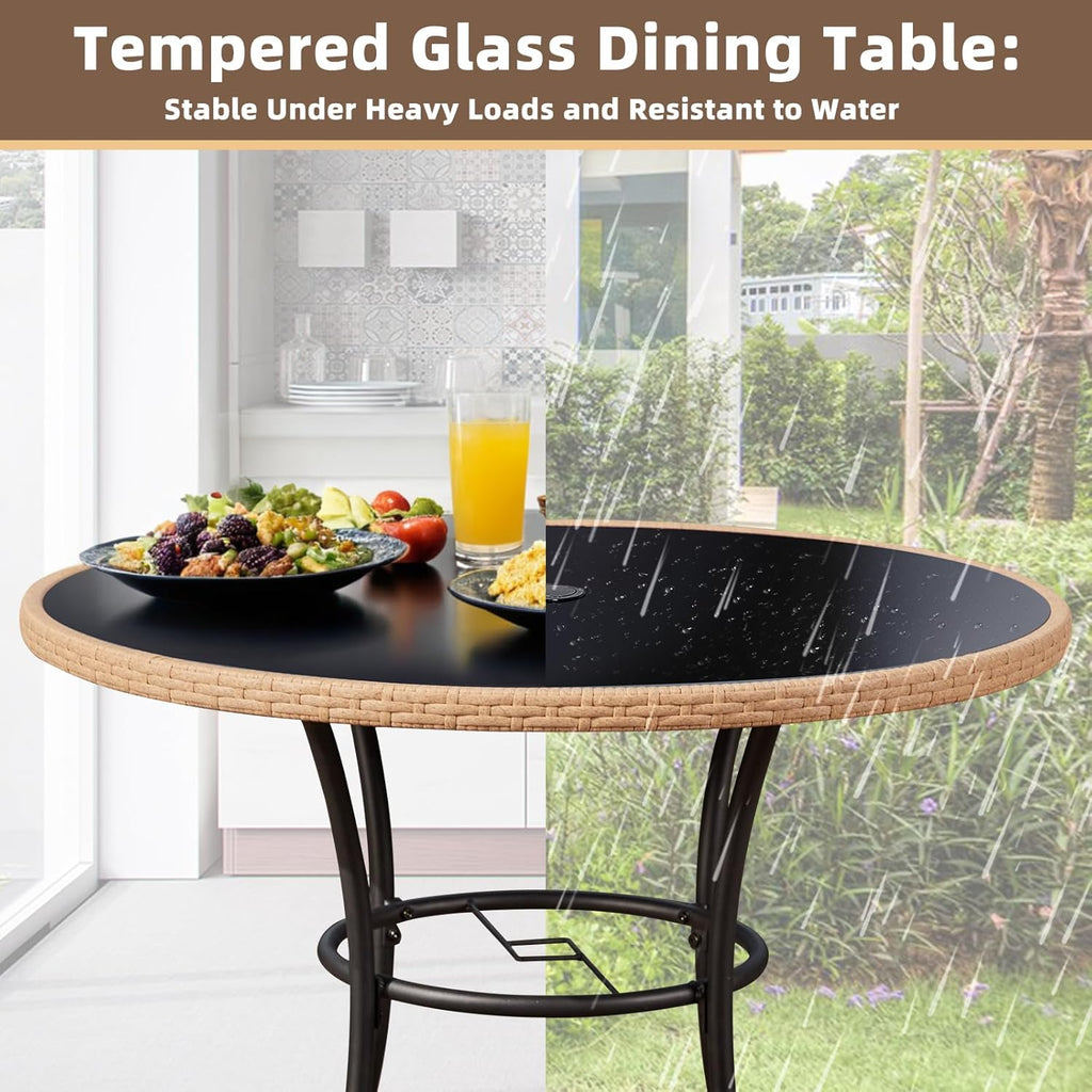 ECOTOUGE Outdoor Round Patio Desk, Wicker Dining Table with Umbrella Hole, Tempered Glass Top for 4-5 Persons, Bistro Rattan Furniture Garden Tables for Balcony, Backyard, Black