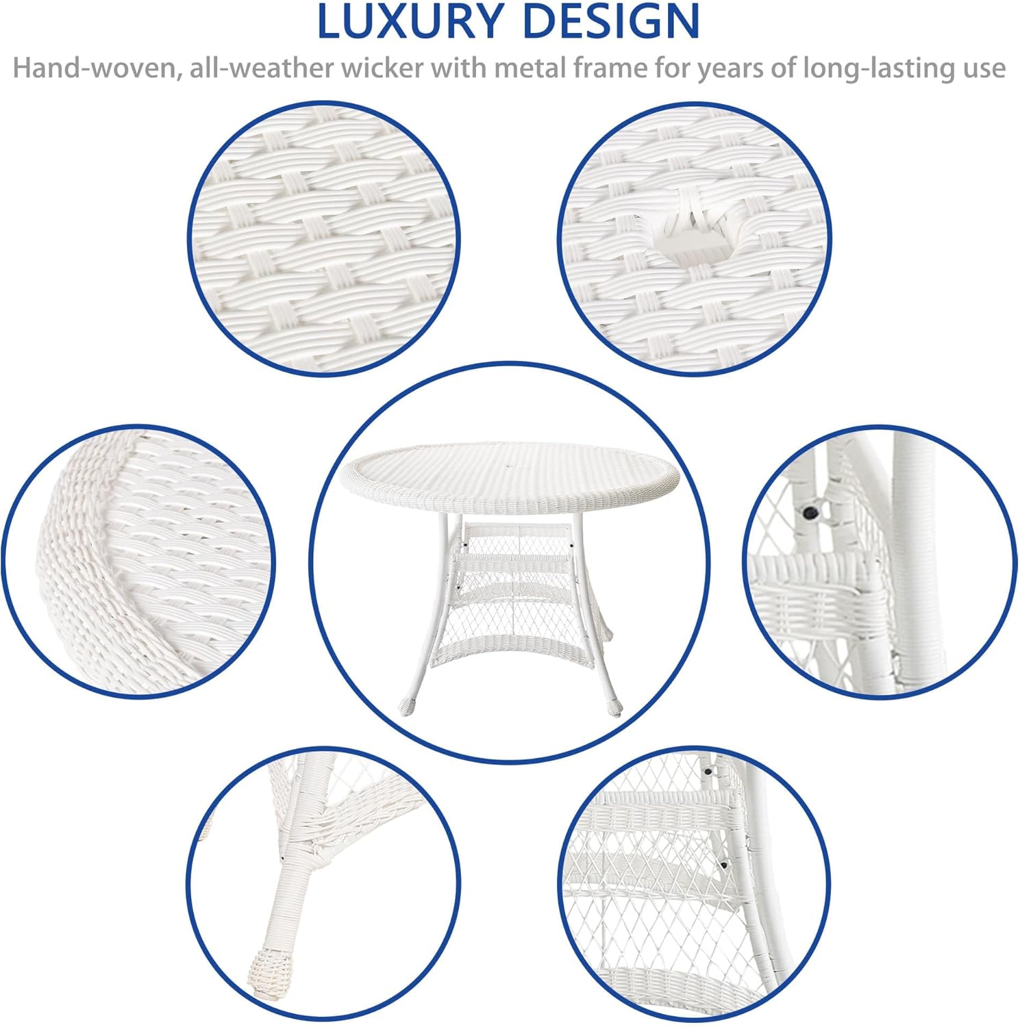 Jeco Wicker Round Dining Table, 44", White