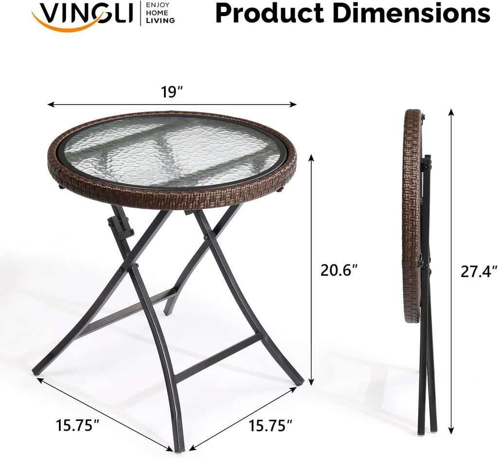 VINGLI Modern Brown Rattan Folding Glass Outdoor Side Table, Small Patio Table with Tempered Glass Top, Round, 1 Pack