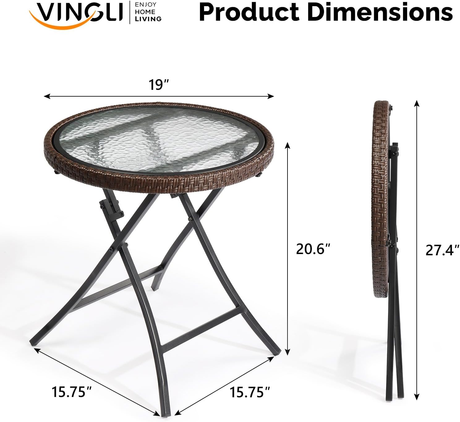 VINGLI Modern Brown Rattan Folding Glass Outdoor Side Table, Small Patio Table with Tempered Glass Top, Round, 1 Pack