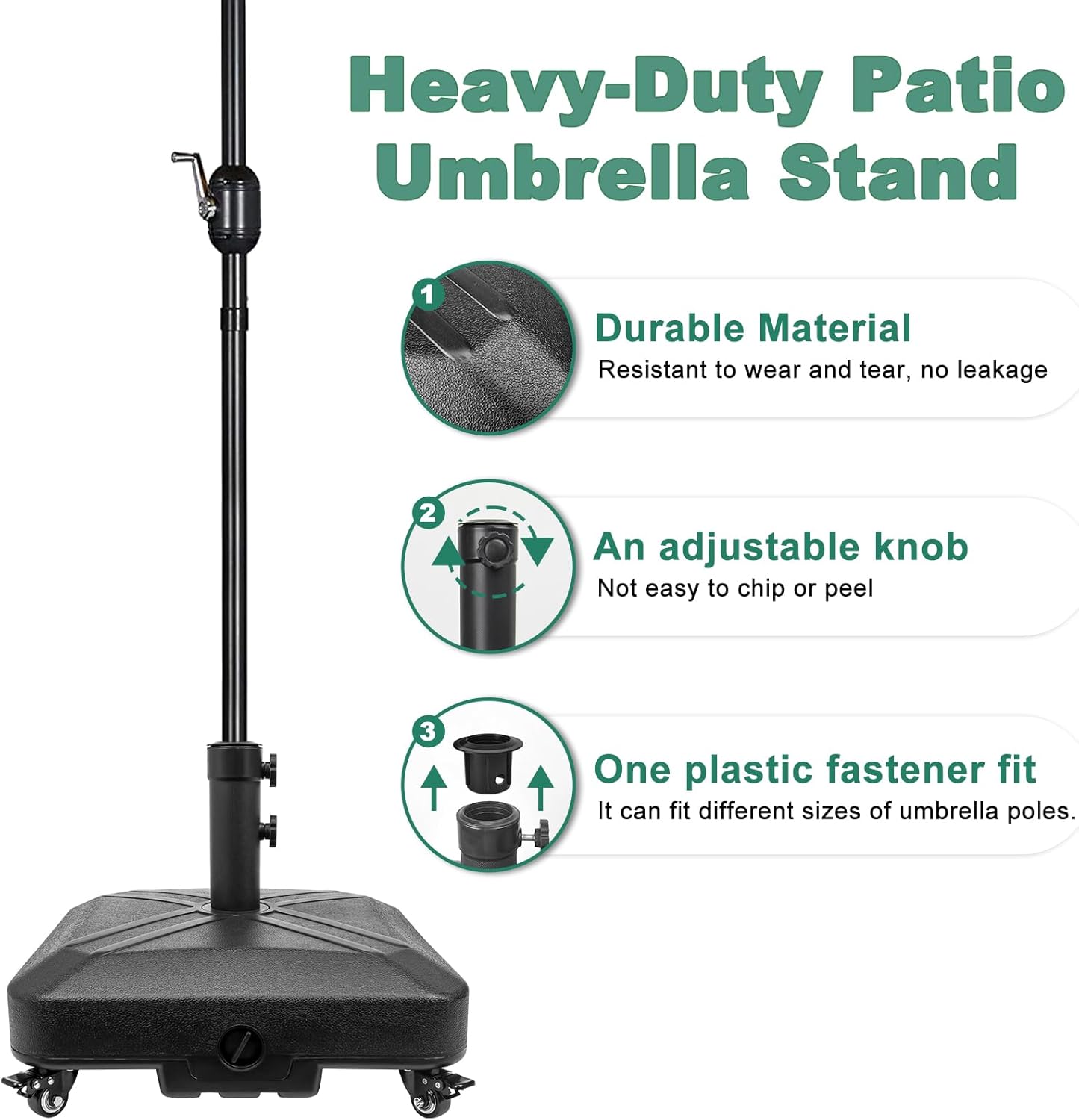 DZ4733 MS Patio Umbrella Base Heavy Duty with Wheels Square Market Stand for Outdoor 4 Locks 1 Knobs 125lb Capacity, Black