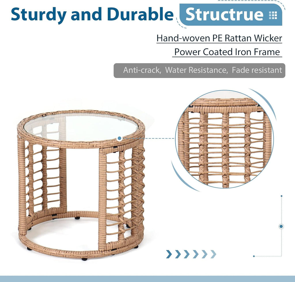 JOIVI Outdoor Wicker Side Table, All-Weather Patio Rattan End Table with Glass Top, Round Coffee Table for Indoor Outdoor Backyard Lawn Balcony Pool