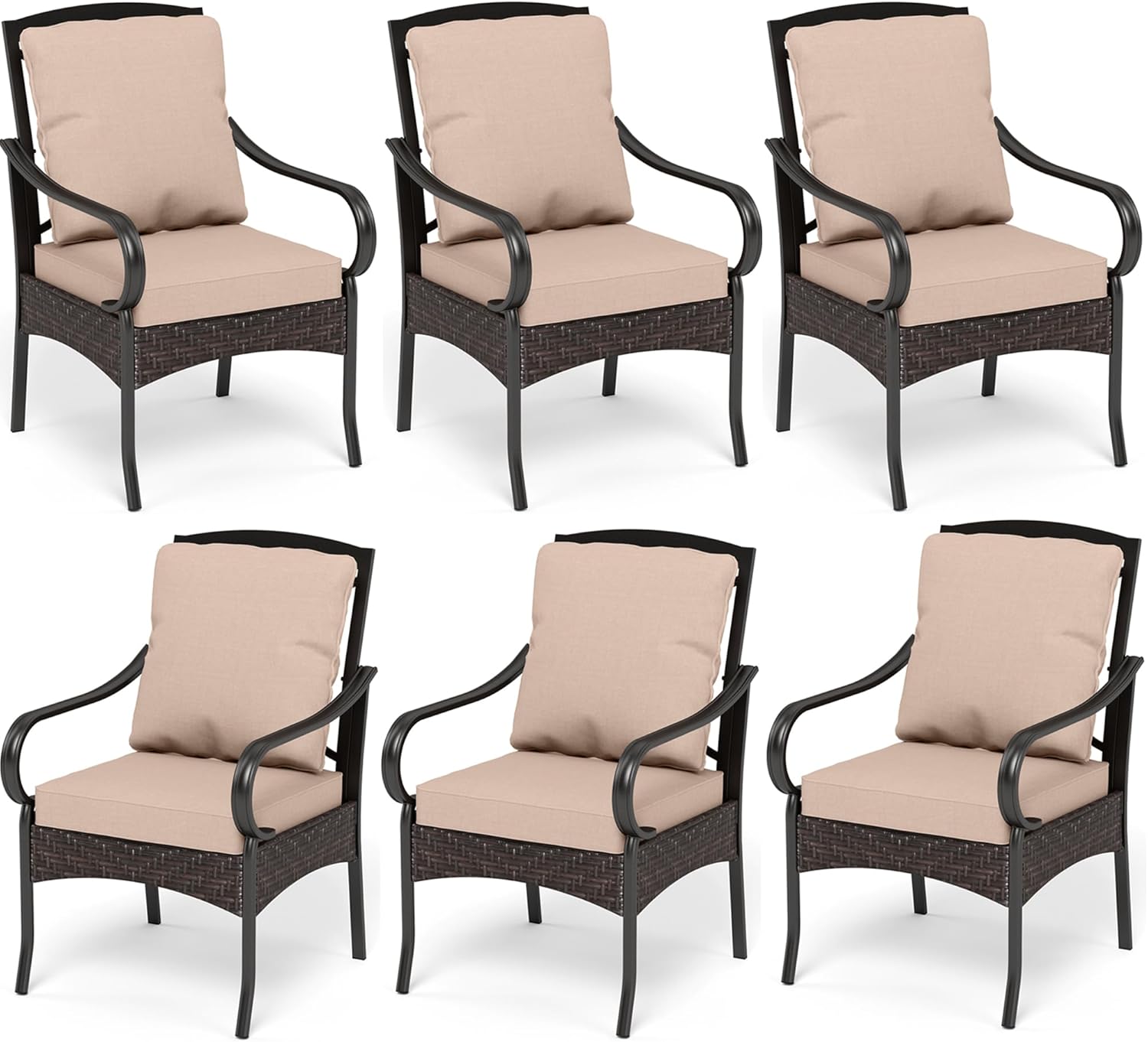 PHI VILLA Patio Swivel Chairs Set of 2, Heavy Duty Outdoor Metal Wicker Dining Chair with Thickened Cushions, Large All Weather Wrought Iron Deck Chair Lawn Furniture Support 300lbs