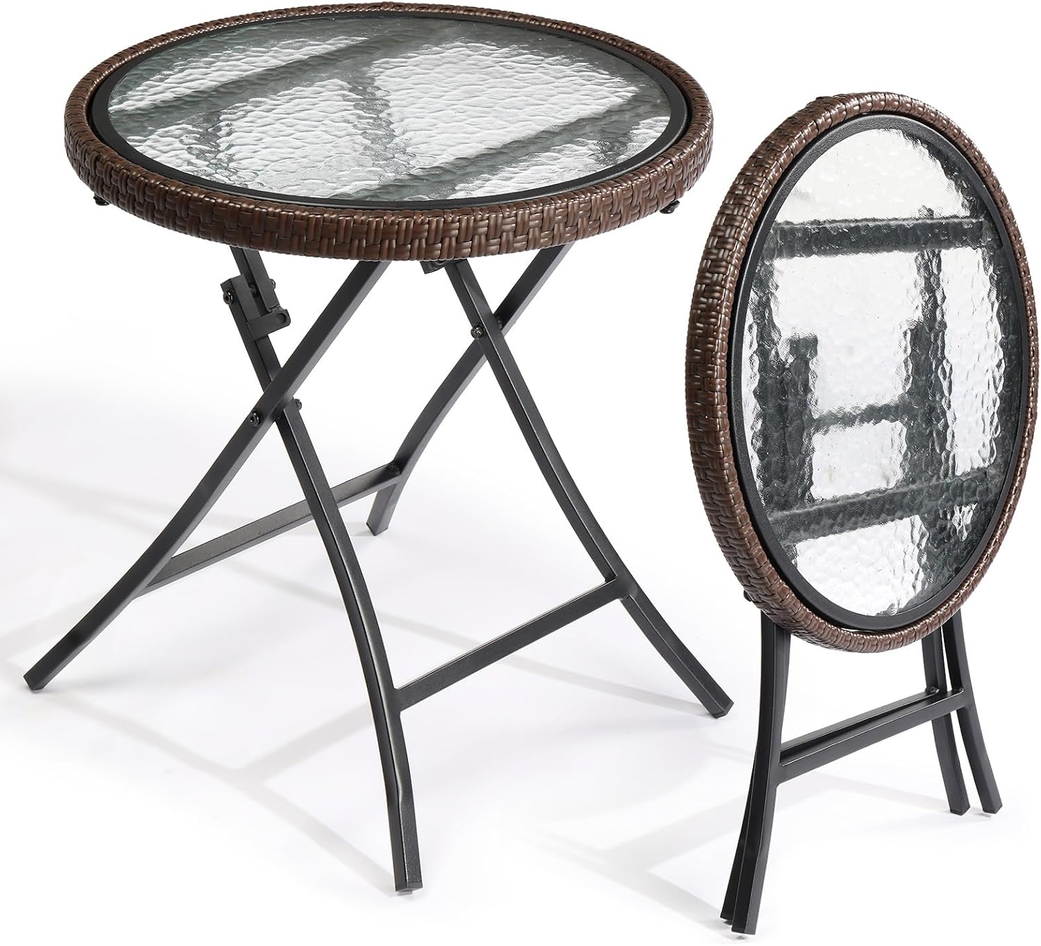 VINGLI Modern Brown Rattan Folding Glass Outdoor Side Table, Small Patio Table with Tempered Glass Top, Round, 1 Pack