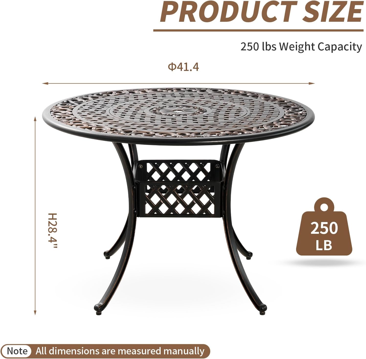 Cast Aluminum Outdoor Dining Table 42" Round Patio Dining Table with 1.7" Umbrella Hole,Large Garden Patio Table for 4-6 People, Bronze