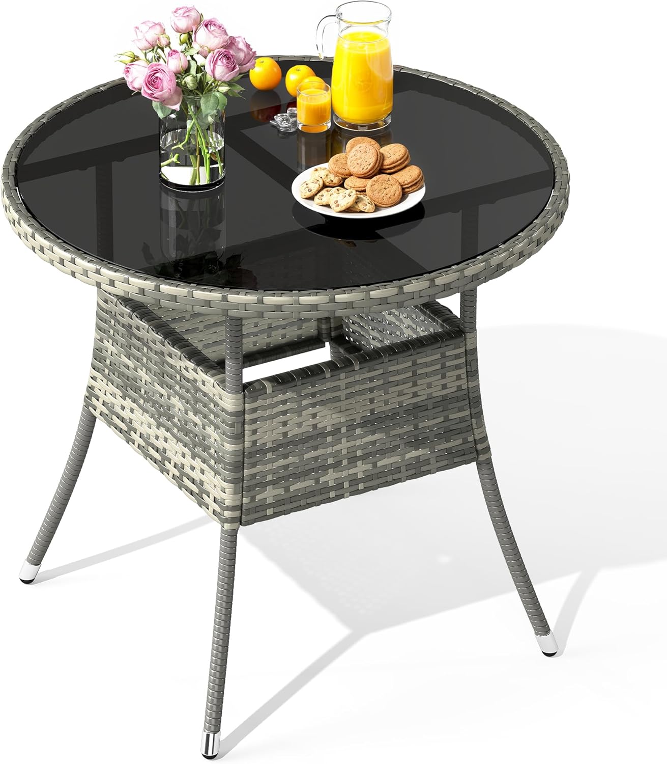 YITAHOME Outdoor Dining Table Round for 4 31.5" Patio Dining Table with Easy-to-Clean Glass Tabletop, All-Weather Rattan Bistro Table Round for Backyard Deck Porch Poolside, Gray