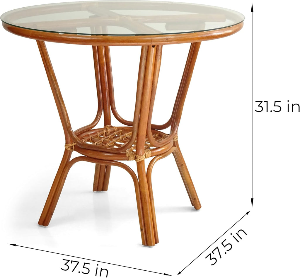 Pelangi Rattan Wicker Round Dining Table with Glass Top, Colonial