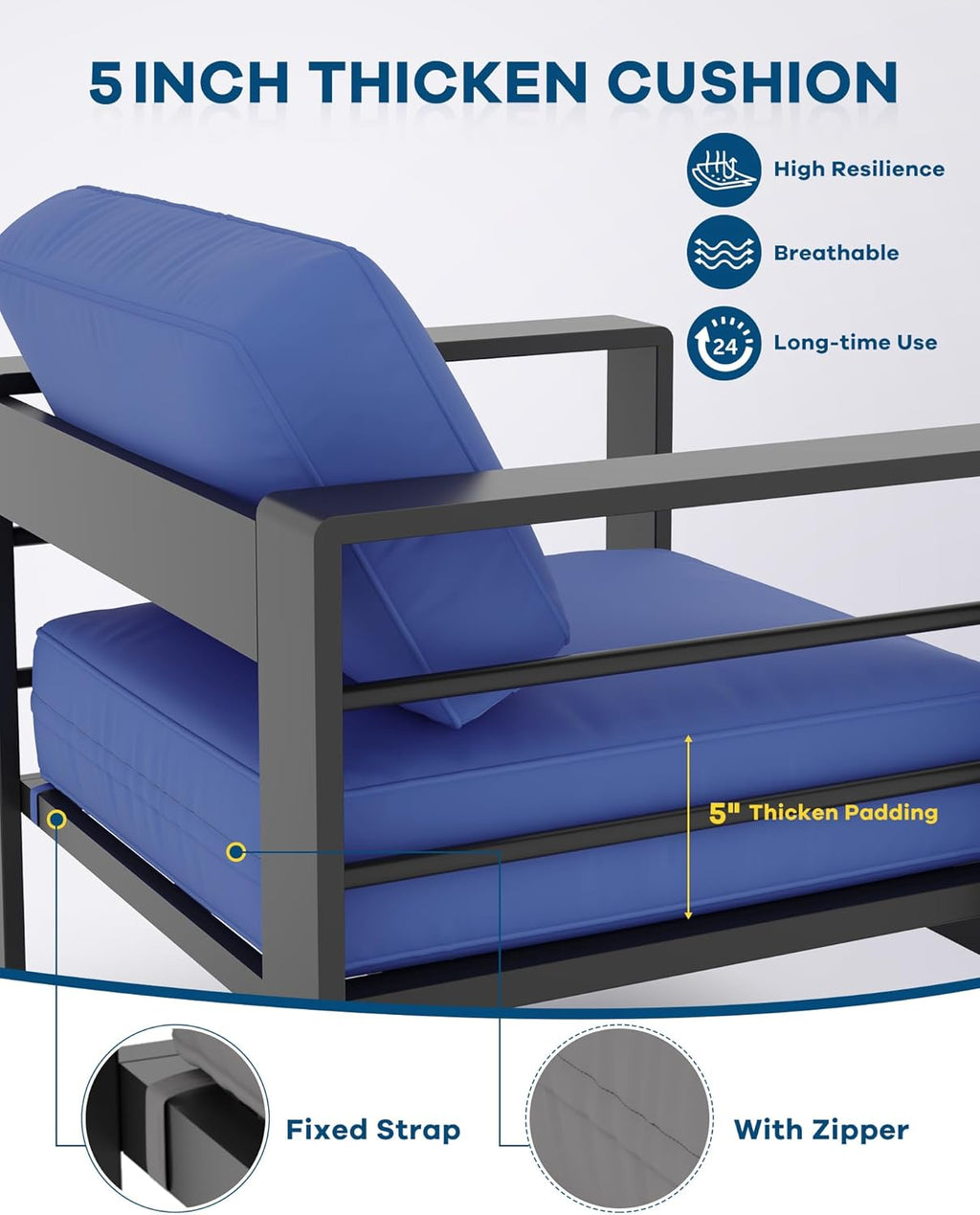 GarveeLife 7 Seats Aluminum Patio Furniture Set, 5 Pieces Outdoor Sectional Sofa Conversation Set Sectional Sofa with 4 in Armrest & 5 in Thick Cushions & Coffee Table，Blue