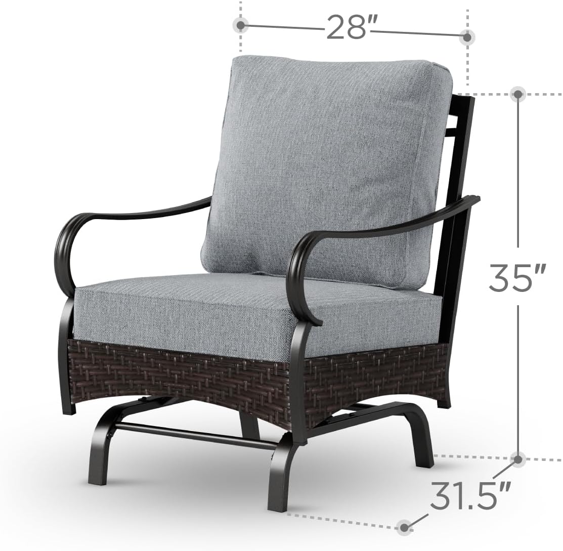 PHI VILLA Patio Rocking Chairs Set of 2, Outdoor Wicker Chairs with Thick Cushion, All Weather High Back Outdoor Furniture for Balcony Porch and Yard