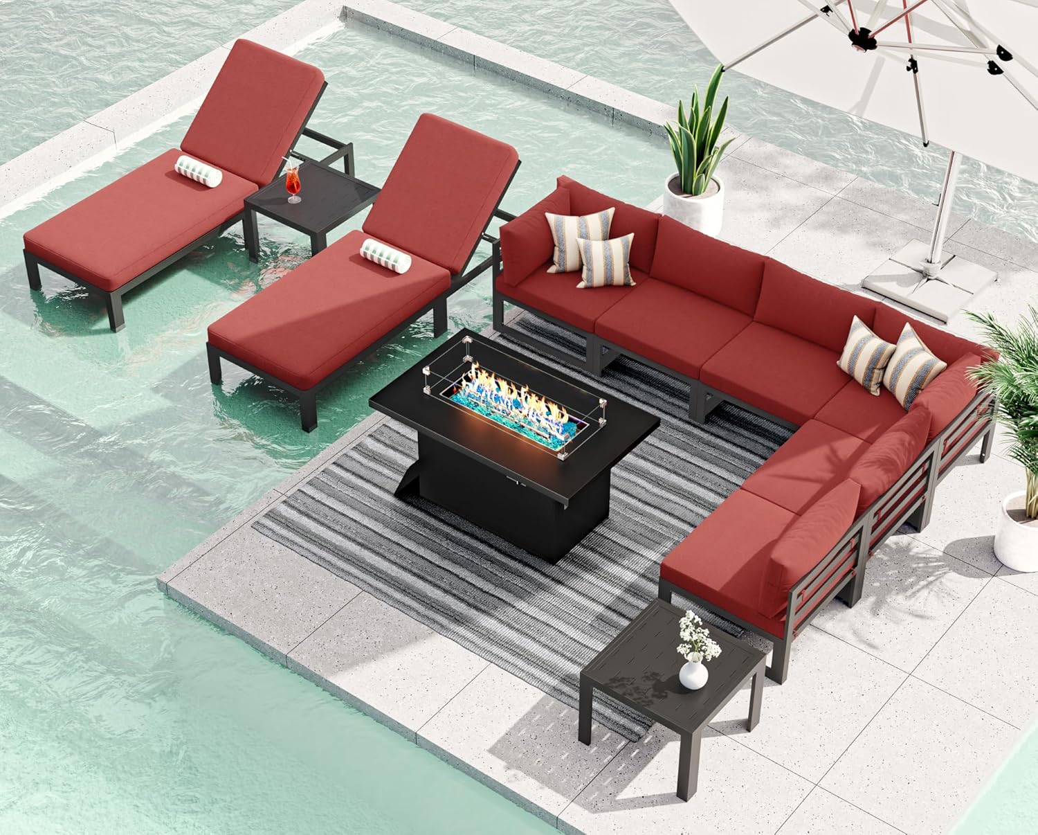 RADIATA 7 Piece Luxury Aluminum Outdoor Sectional Sofa with Fire Pit Table, Oversized L Shaped Patio Furniture Set, 29 inch Deep Wide Seating, 500 lbs Heavy Duty Comfy Conversation Set for Yard, White