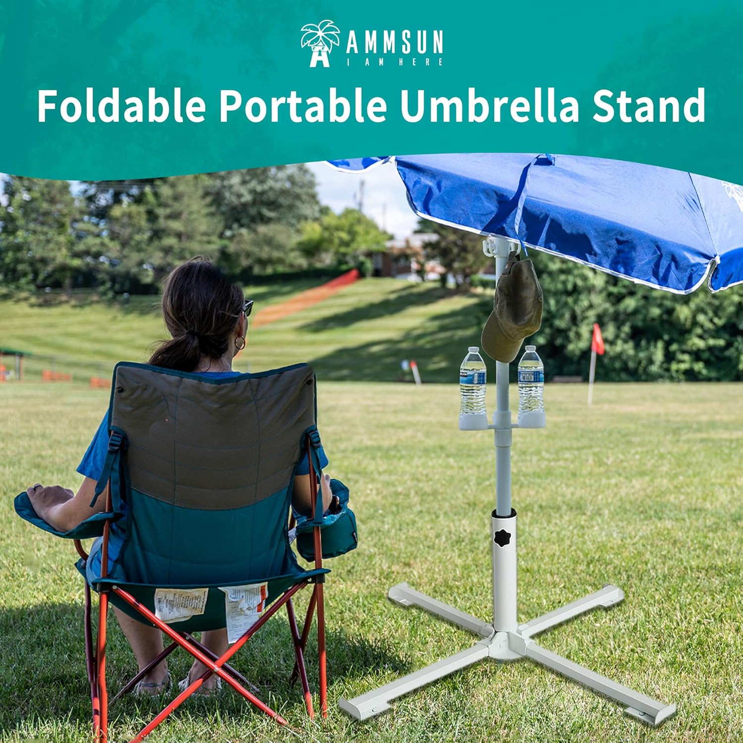 AMMSUN Foldable Portable Beach Umbrella Stand-Portable Patio Umbrella Base Holder,Outdoor Sunshade Anchor,with Weight Bag,Rust Free Tempered Iron Umbrella Stand for Courtyard,Garden,Beach,Grass