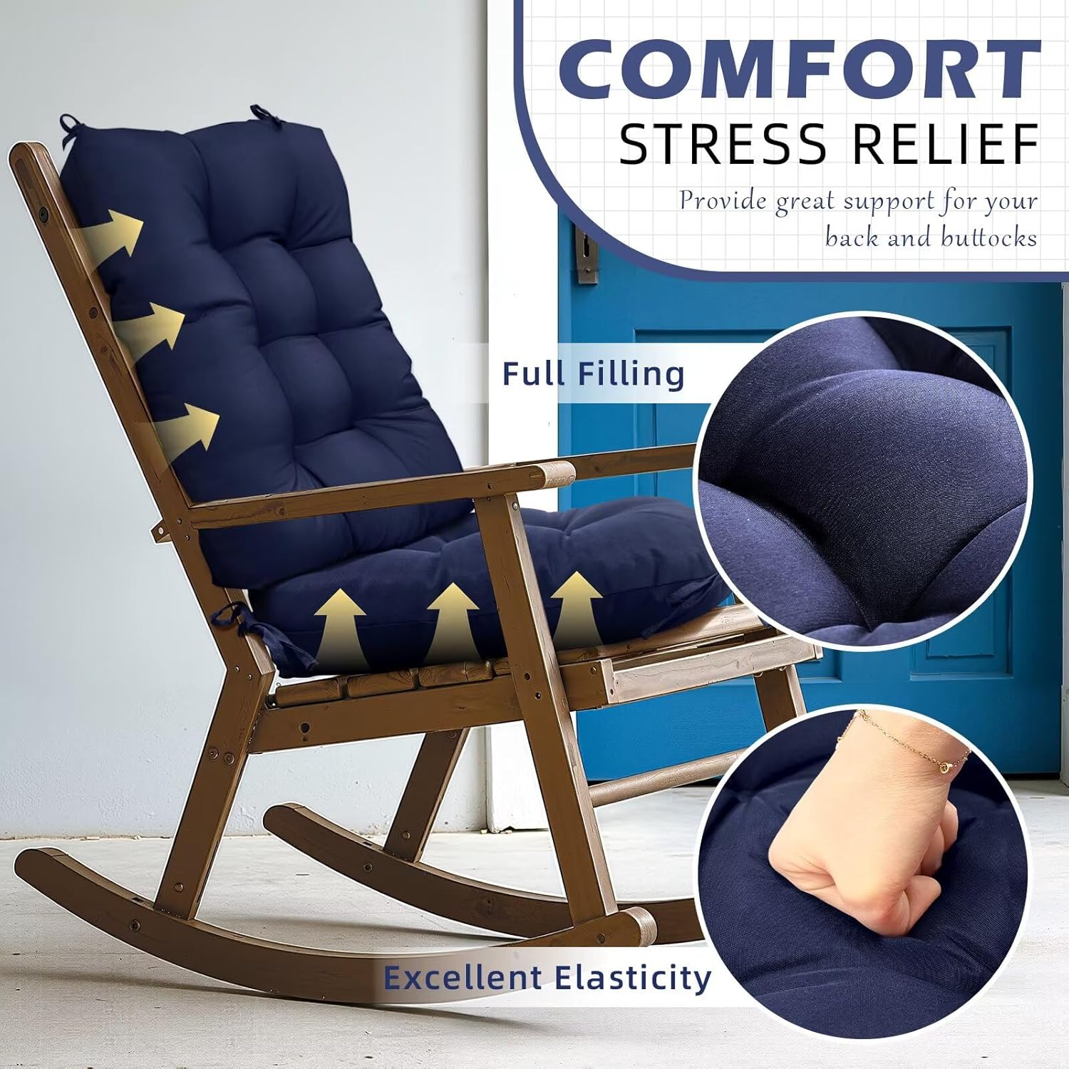 Set of 1 Indoor Outdoor Chair Cushion Waterproof High Back Rocking Chair Cushions Soft Patio Chair Pad for Lounger Recliner Navy Blue