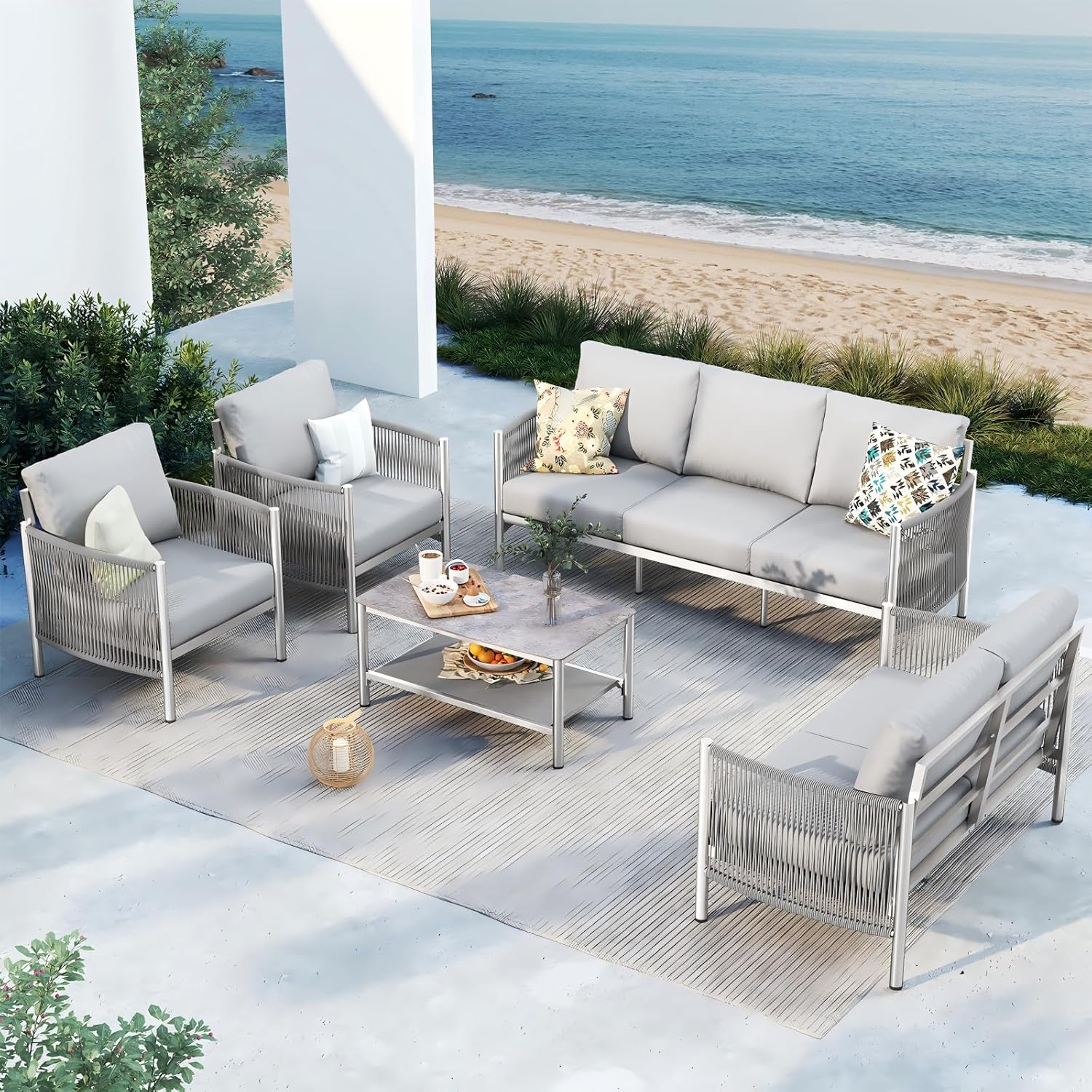 Aluminum Outdoor Patio Furniture Set, HDPE Rope 5 Piece Modern Sectional Conversation Sets with Dual-Layer Coffee Table, All Weather Patio Couch Sofa with Thick Cushions, Silver Frame, Beige