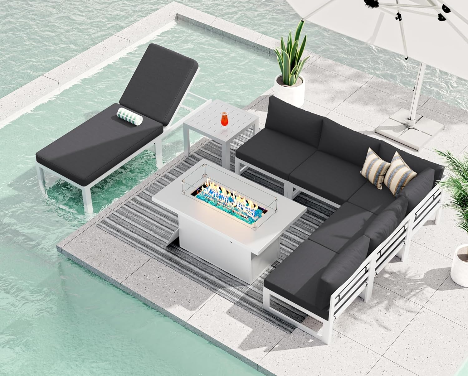 RADIATA 7 Piece Luxury Aluminum Outdoor Sectional Sofa with Fire Pit Table, Oversized L Shaped Patio Furniture Set, 29 inch Deep Wide Seating, 500 lbs Heavy Duty Comfy Conversation Set for Yard, White