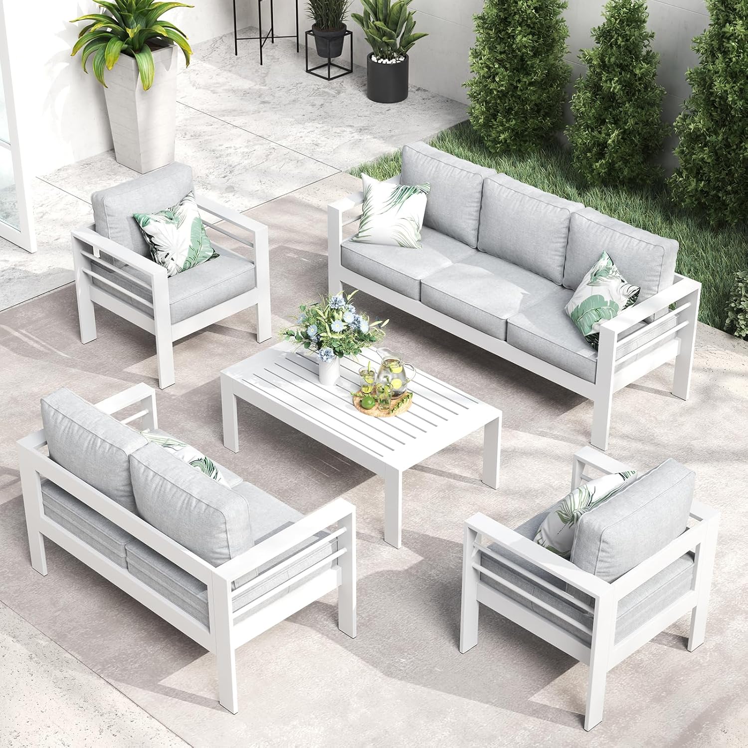LayinSun Outdoor Aluminum Furniture Set, 5 Pieces Patio Sectional Conversation Chat Sofa Modern Seating Set with Coffee Table