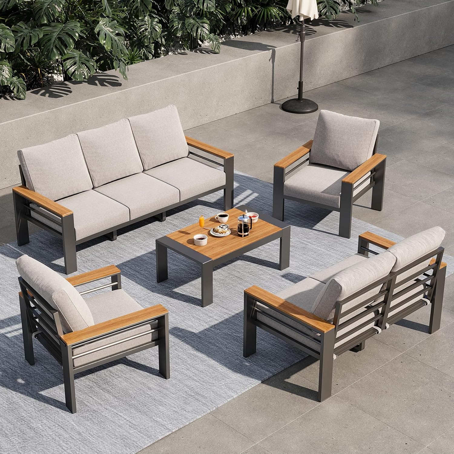 Aoxun Aluminum Outdoor Patio Furniture Set, 5 Seats Outdoor Sectional with Coffee Table, Patio Conversation Sets with Upgraded Armrests and Cushions for Backyard, Garden and Poolside