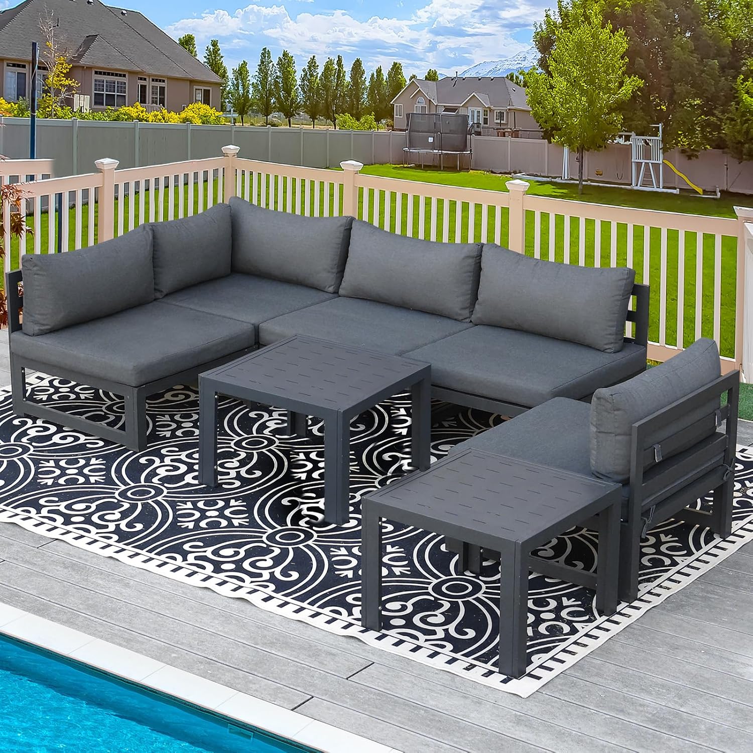 RADIATA 7 Piece Luxury Aluminum Outdoor Sectional Sofa with Fire Pit Table, Oversized L Shaped Patio Furniture Set, 29 inch Deep Wide Seating, 500 lbs Heavy Duty Comfy Conversation Set for Yard, White